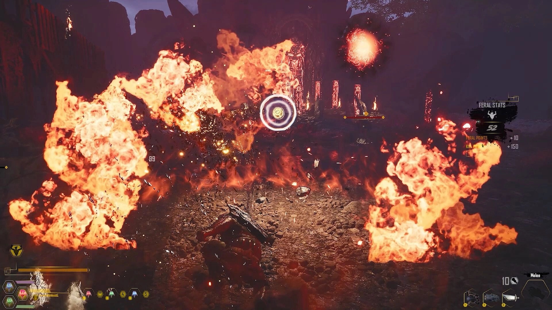 CLASH: Warrior amid fiery explosions and targeting reticle in rocky ruins, feral stats UI visible.