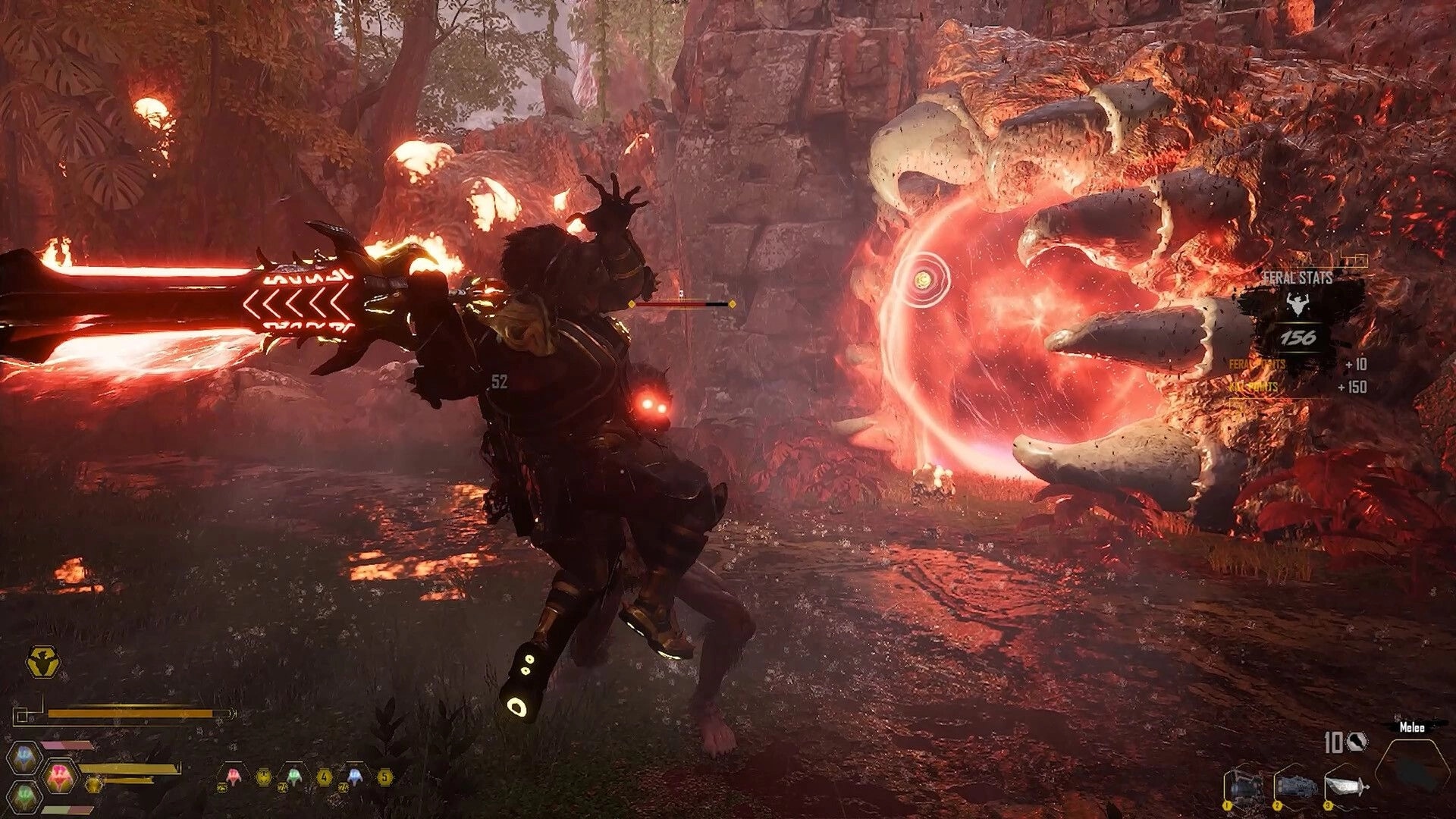 CLASH: Warrior fires glowing arm cannon at red portal in rocky canyon, HUD shows feral stats points.