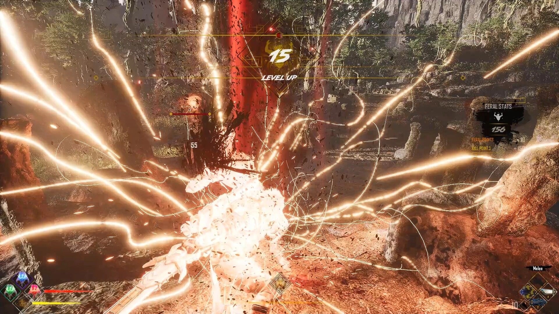 CLASH: Level 15 up flash amid explosive melee strike in rocky canyon arena with feral stats UI panel.