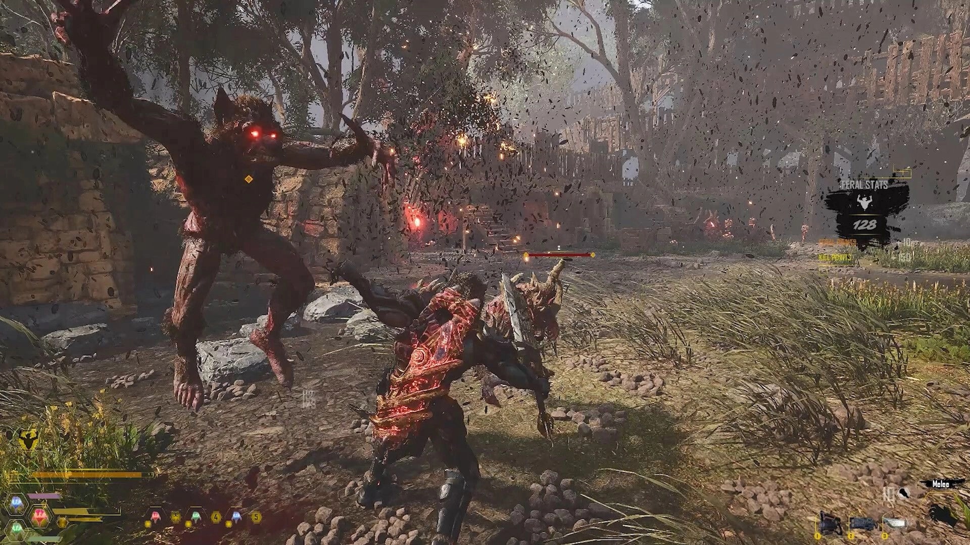 CLASH: Player swings melee at a red-eyed shadow monster in ruined village path, HUD stats visible.