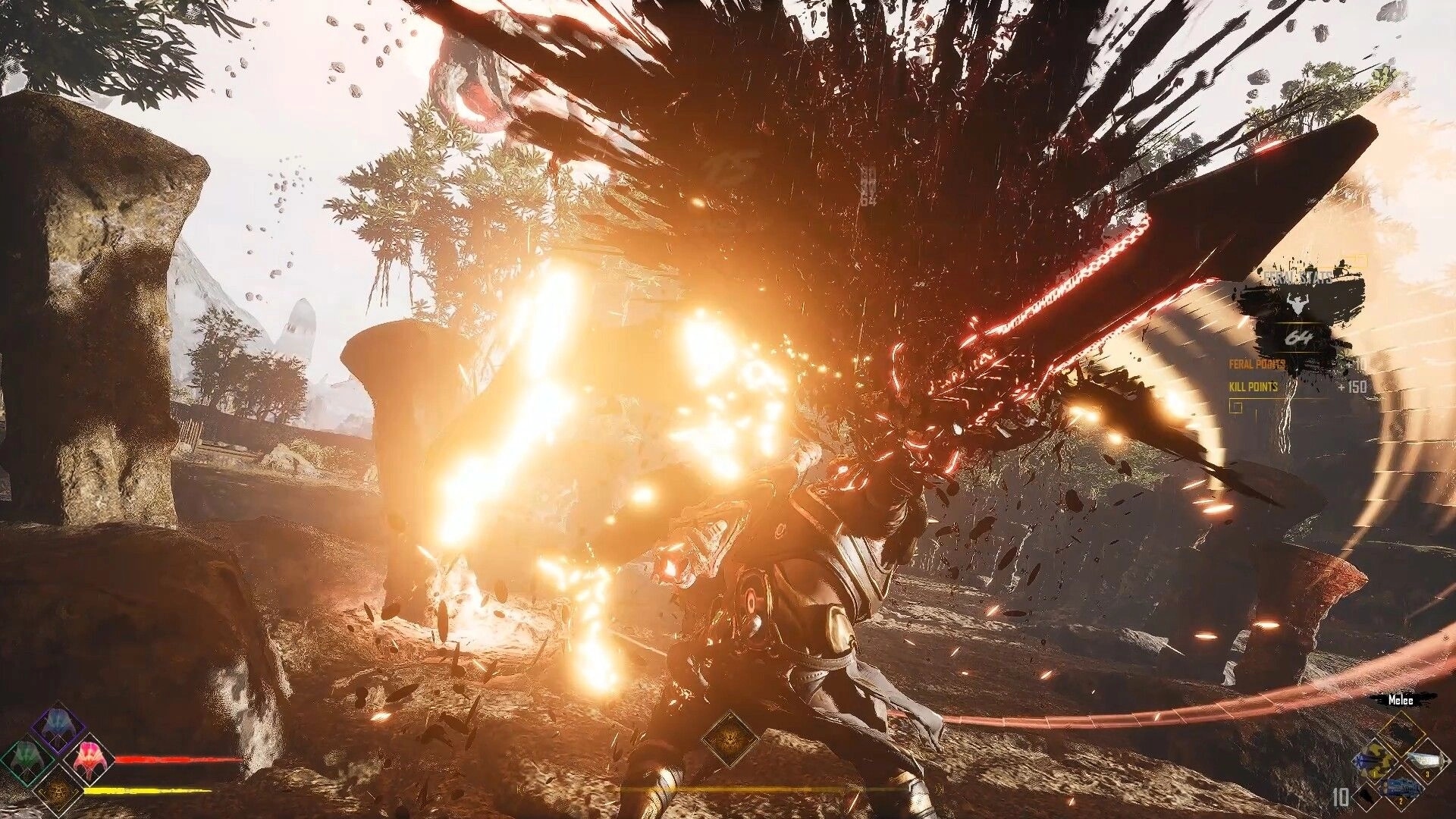 CLASH: Warrior slashes a glowing blade, bursting black gore in rocky canyon with HUD stats popup.