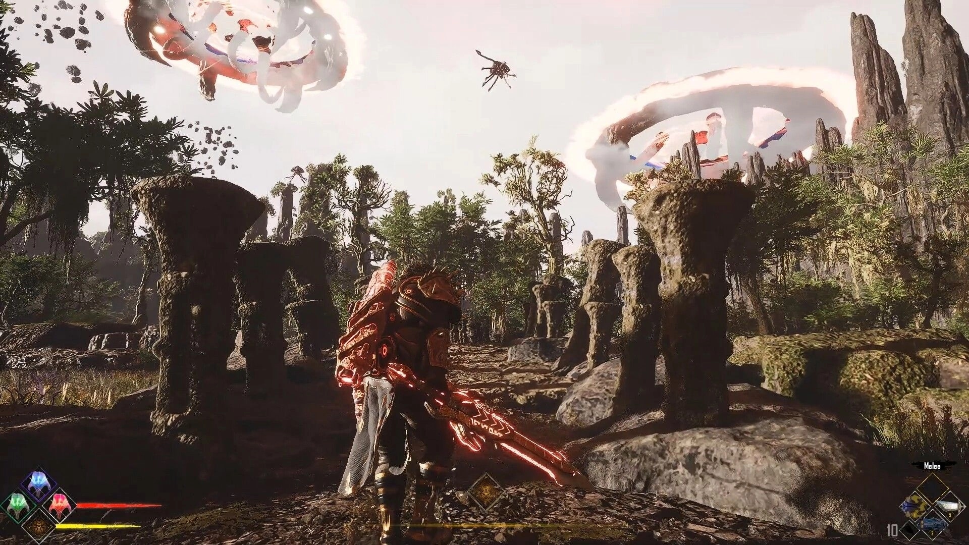 CLASH: Armored warrior holding a glowing red sword in a rocky forest with swirling sky anomalies above.