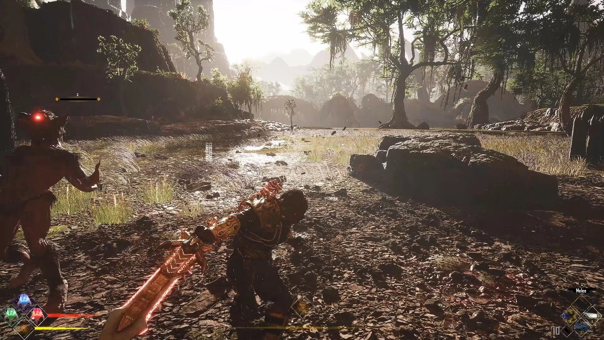 CLASH: Warrior swings glowing greatsword near beast enemy in sunlit swamp clearing with HUD icons.