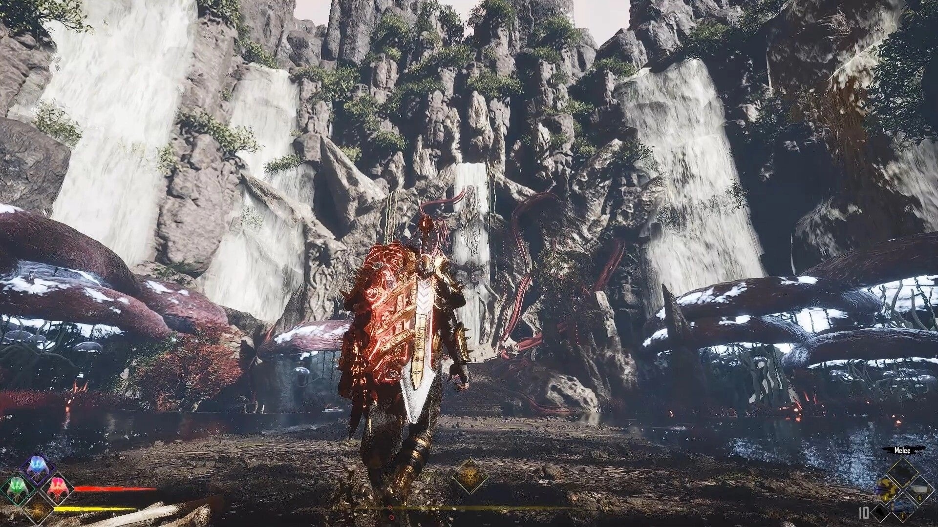 CLASH: Armored warrior with glowing blade faces towering waterfalls in rocky canyon with HUD icons.