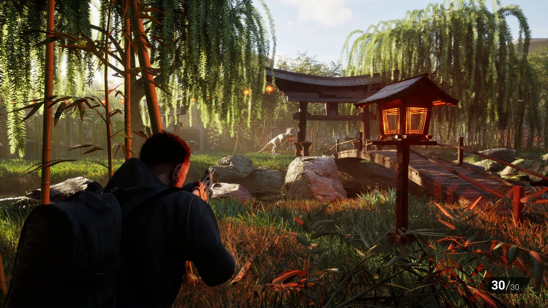 Clawed: Player aims rifle from bamboo thicket at dinosaur near wooden bridge in lush park environment.