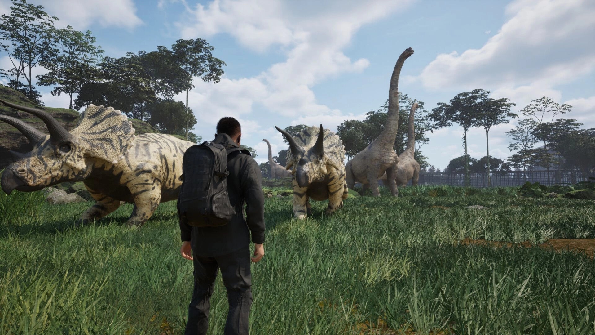 Clawed: Player approaches Triceratops and Brachiosaurus in lush dinosaur theme park enclosure