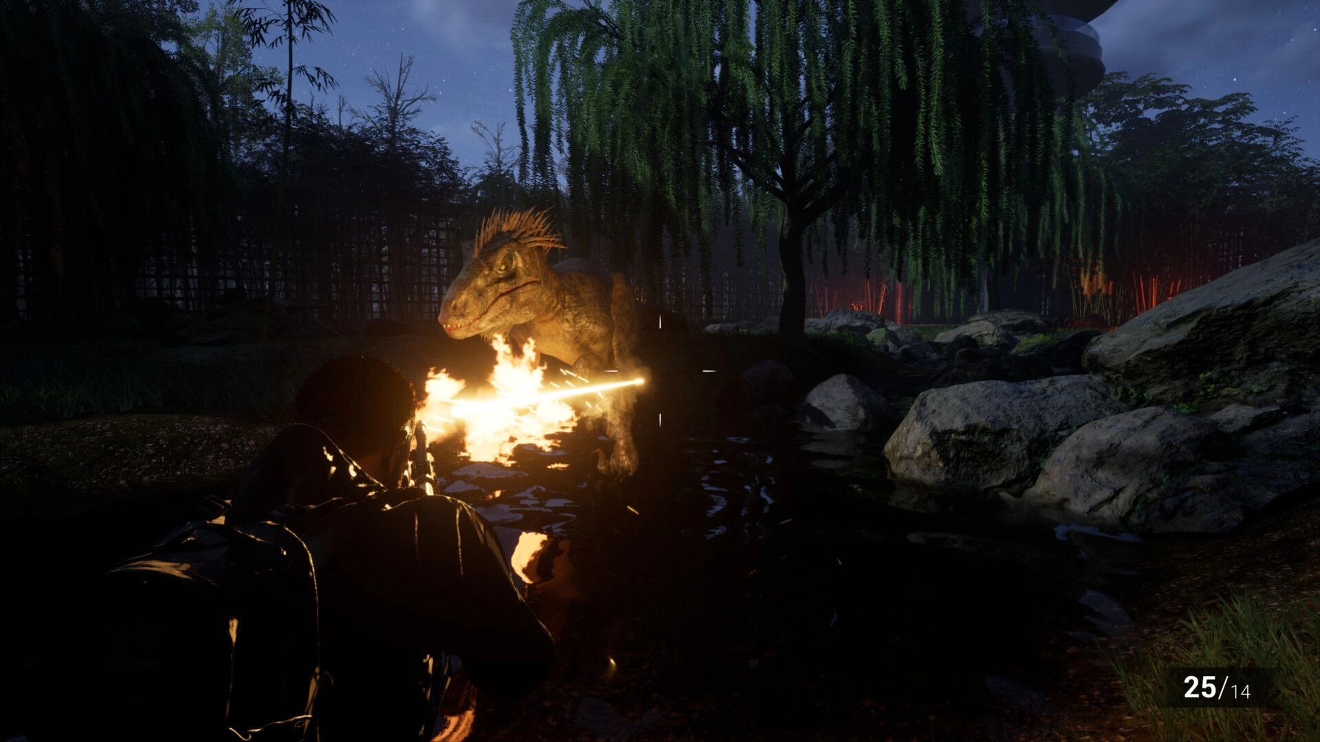Clawed: Player firing at a dinosaur in a dark forest clearing with UI showing ammo count 25/14