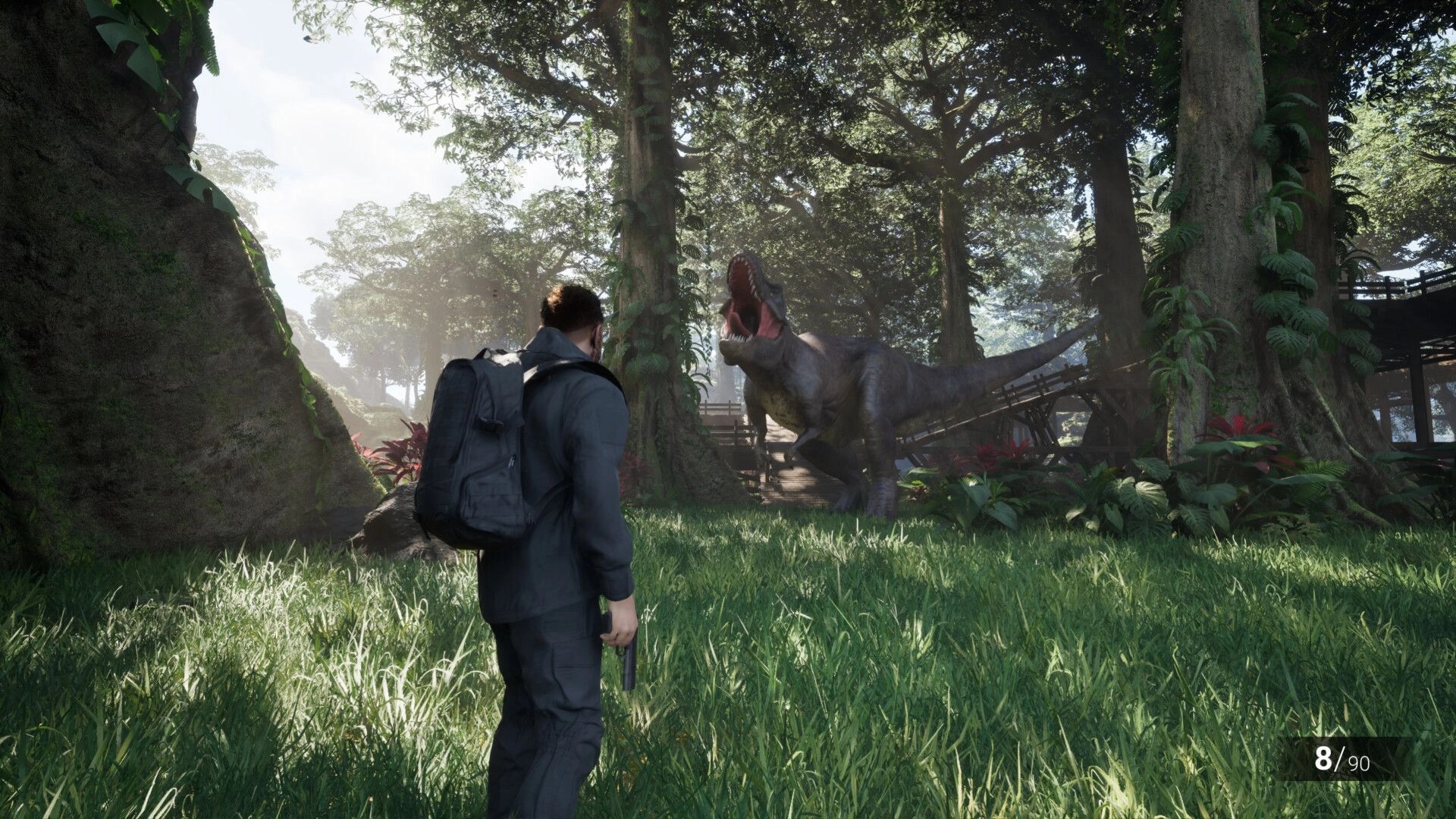 Clawed: Player confronts a roaring dinosaur in a dense jungle with visible ammo count UI in corner