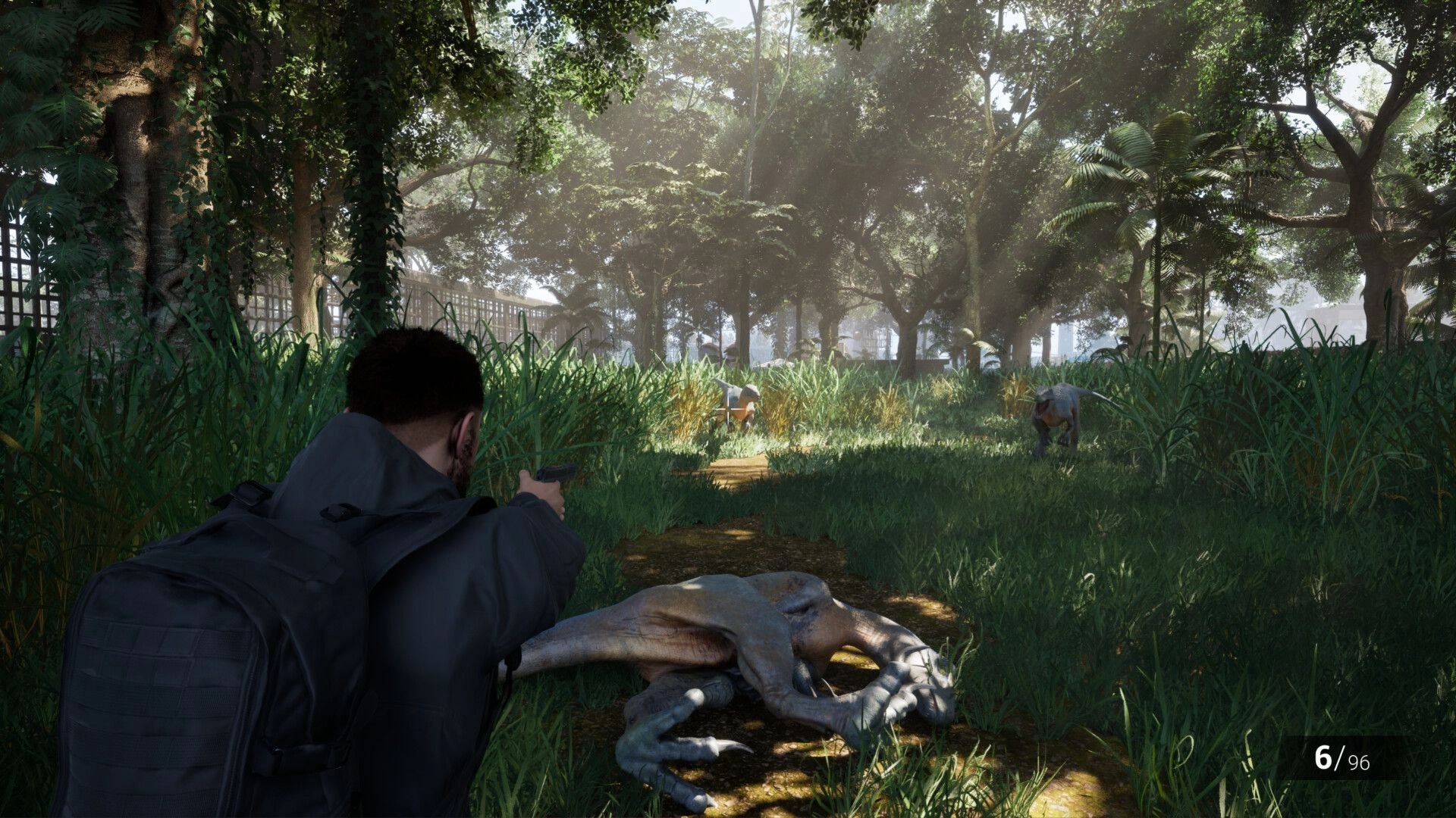 Clawed: Character aiming gun at dinosaur in dense jungle path with ammo count in bottom right corner