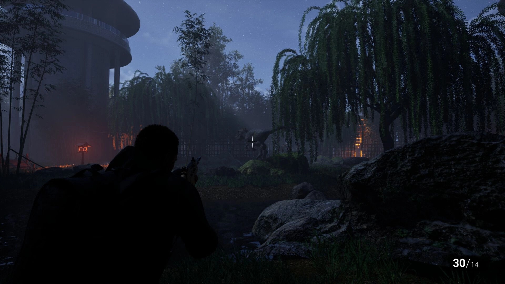 Clawed: Player aims at a dinosaur in a moonlit forest with a large building and lanterns in the background.