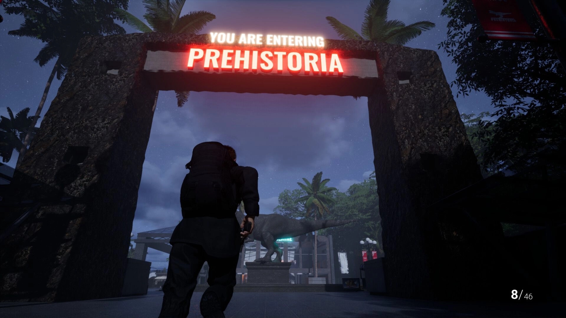 Clawed: Entering Prehistoria under lit archway, silhouetted figure approaches dinosaur statue at night