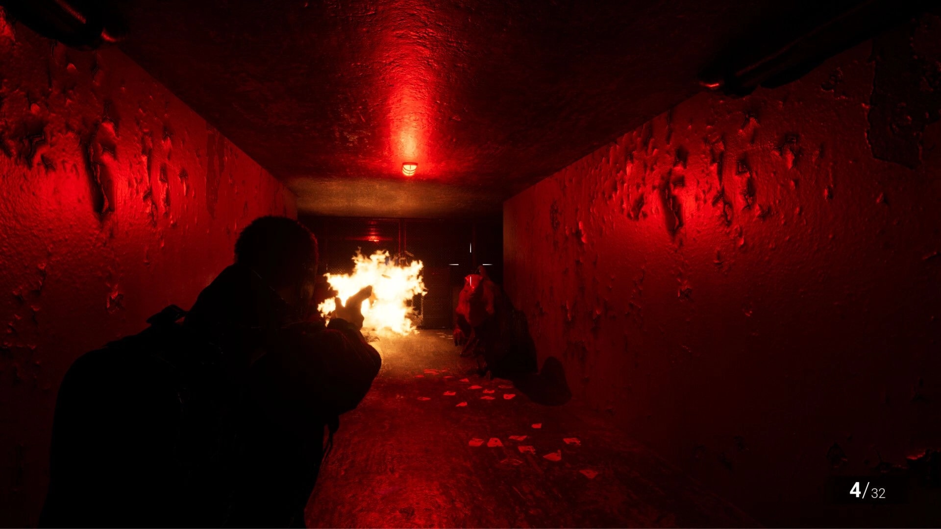 Clawed: Player firing weapon in dimly lit red tunnel, confronting a creature in Prehistoria's depths