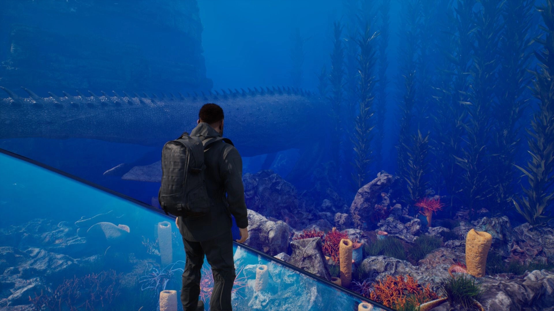 Clawed: Player observes a massive aquatic dinosaur through glass in underwater park enclosure