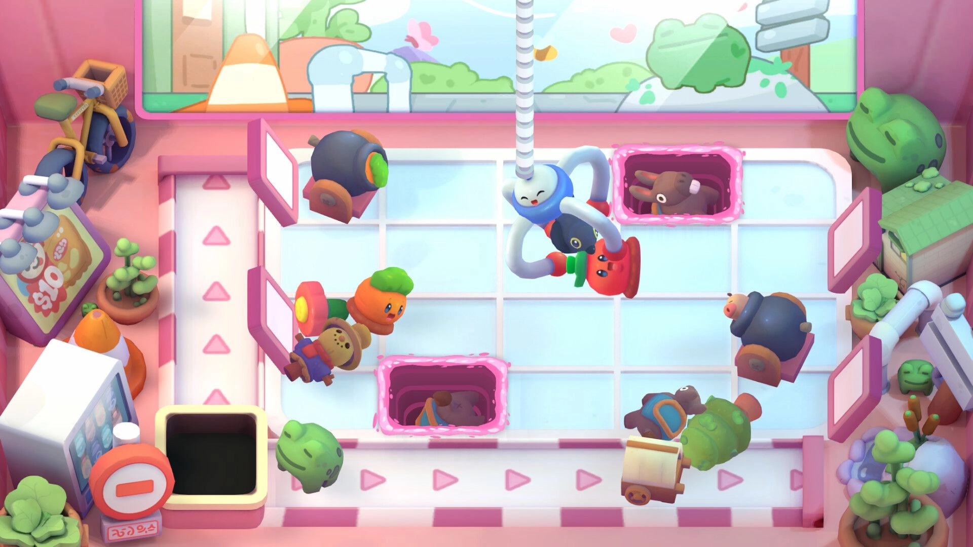 Clawsome: Clawby operates claw machine to collect colorful figurines in a cozy, vibrant arcade setting.