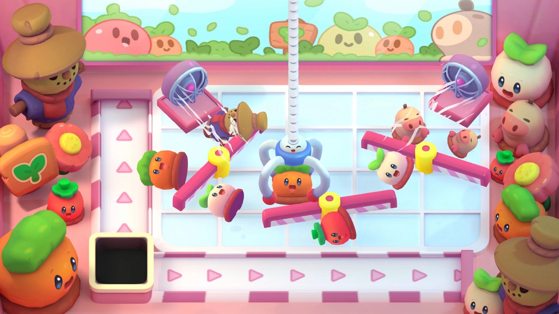 Clawsome: Clawby operates a claw machine, grabbing cute figurines in a colorful arcade setting.