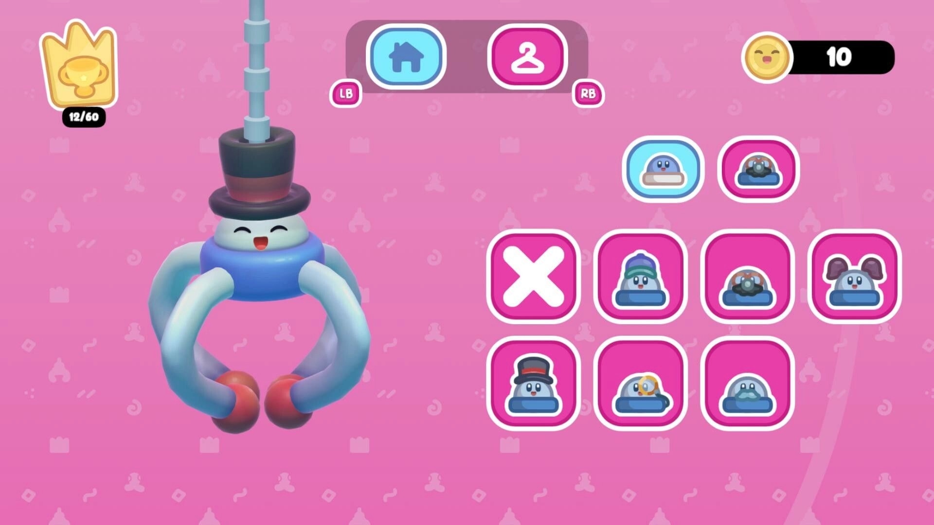 Clawsome: Clawby with top hat in item selection menu on pink background, UI shows home and wardrobe options.