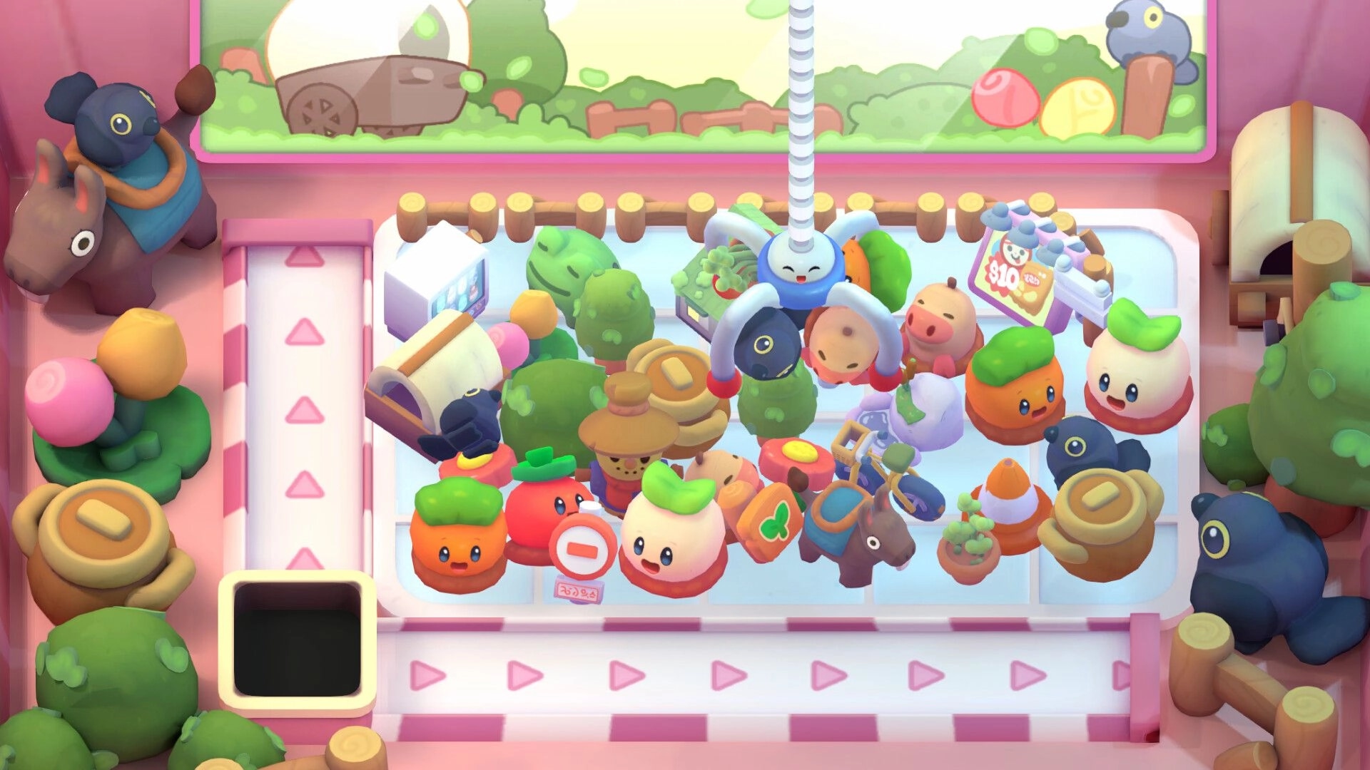 Clawsome: Claw machine filled with colorful figurines, Clawby operating in a cozy pink arcade setting