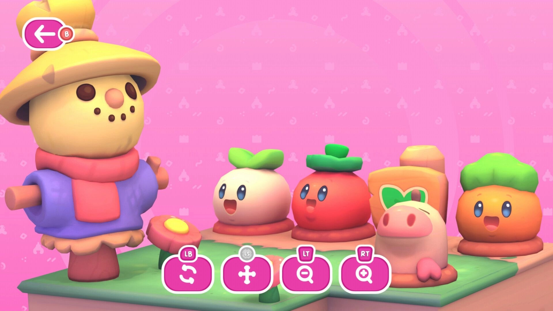 Clawsome: Clawby arranges cute figurines including a scarecrow and veggies on a pink-themed diorama platform