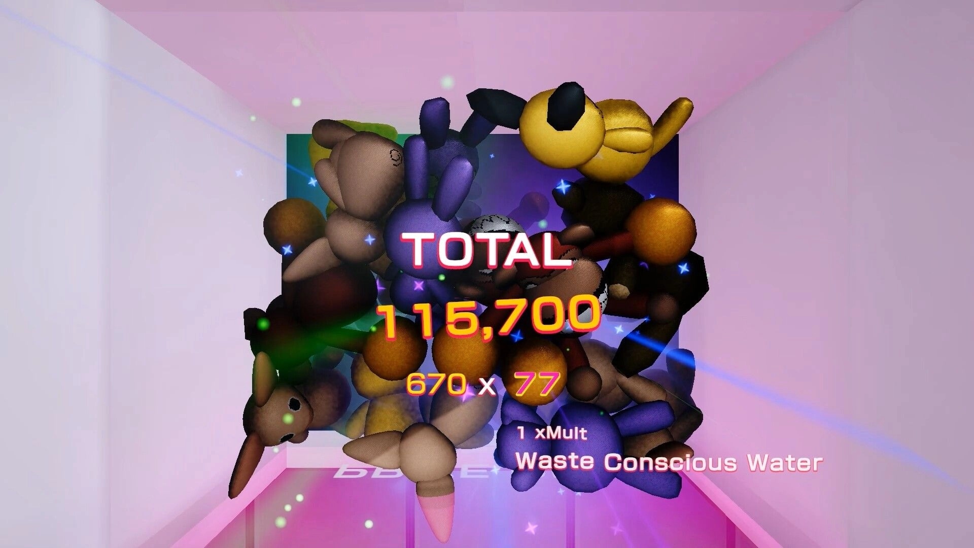 CLAWSTROPHOBIA: Total score 115,700 over plush pile in claw machine bin with multiplier text overlay.