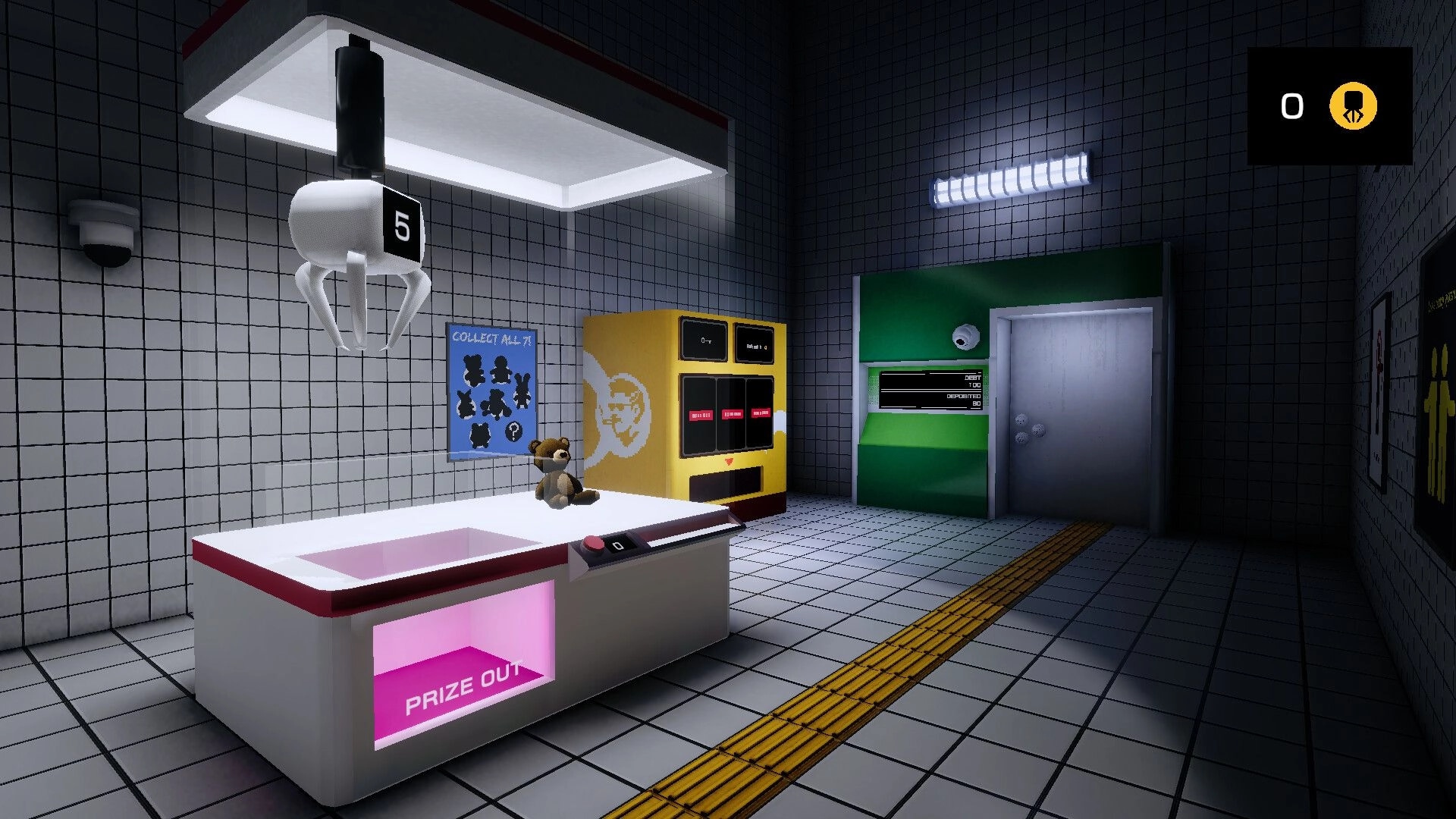 CLAWSTROPHOBIA: Claw machine prize bay with teddy bear and token counter in tiled subway room.