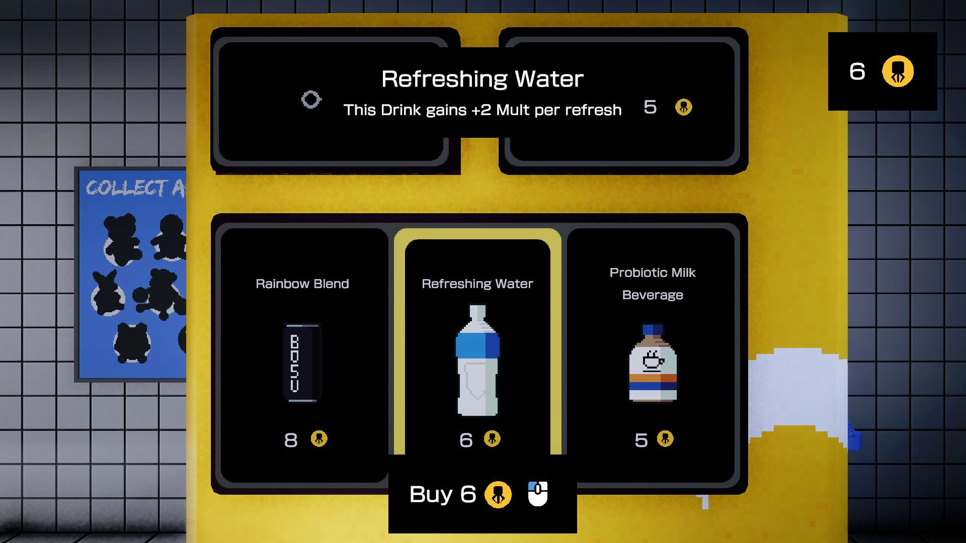 CLAWSTROPHOBIA: Shop menu highlighting Refreshing Water drink card in tiled subway station kiosk UI.