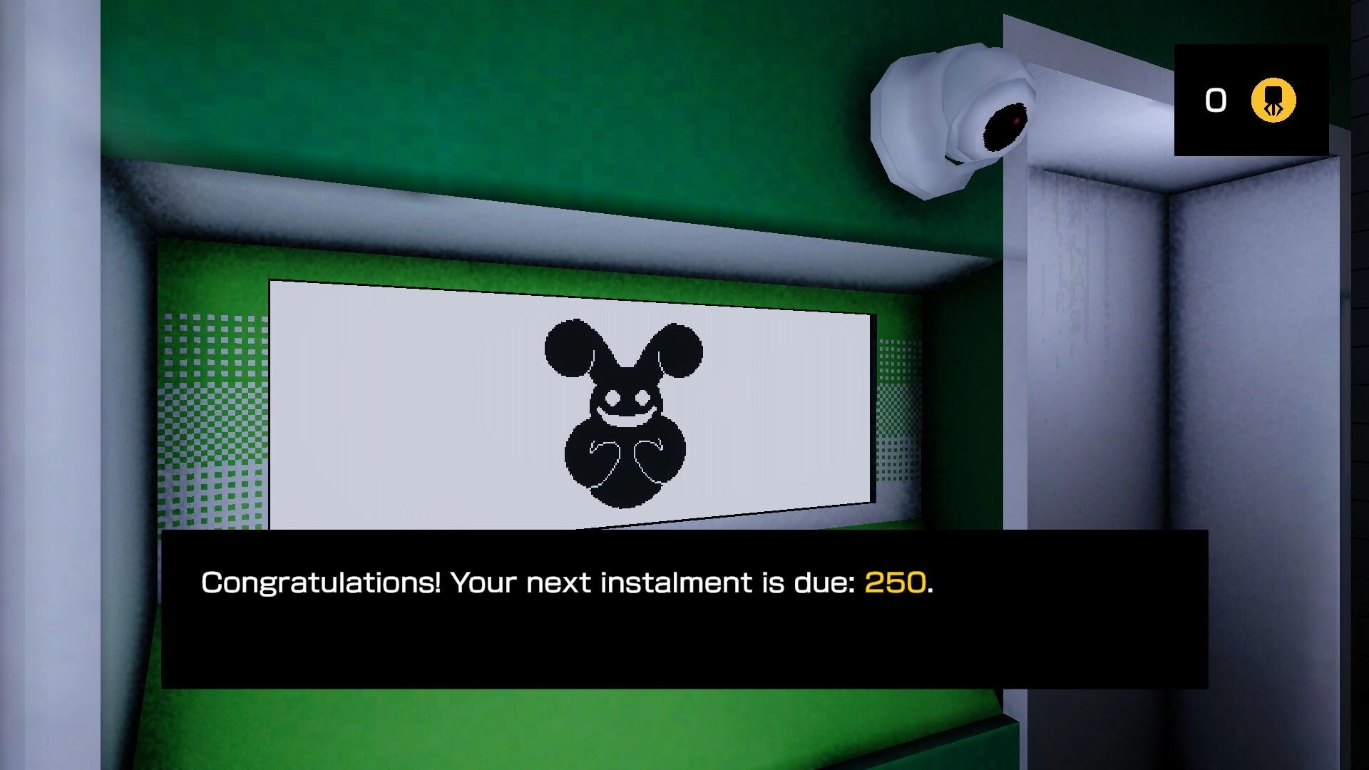 CLAWSTROPHOBIA: Debt notice text box over green tiled hallway with mouse logo sign and CCTV cam.