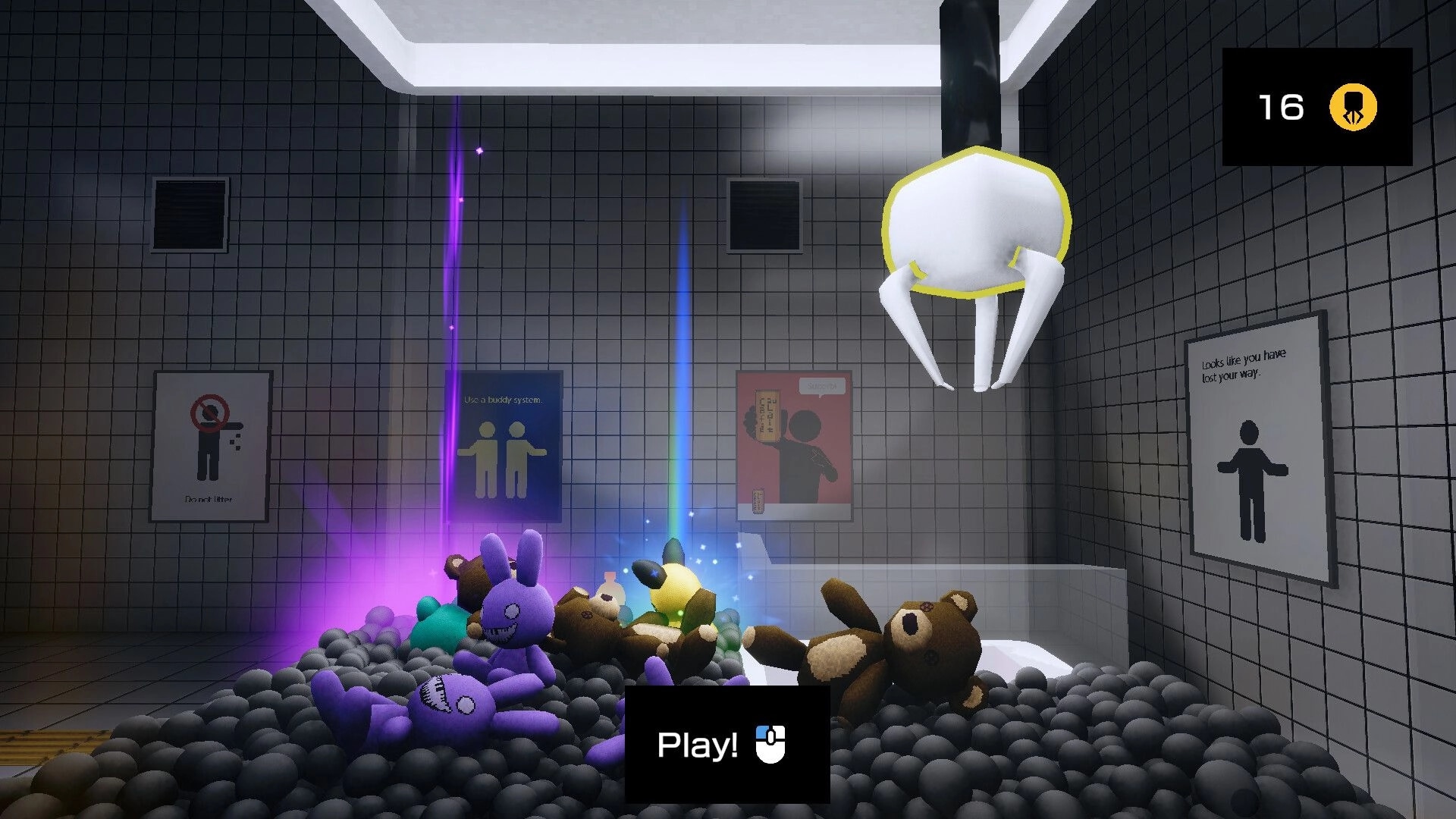 CLAWSTROPHOBIA: Claw machine grab view over plush toys in tiled room, Play button and 16 counter UI.