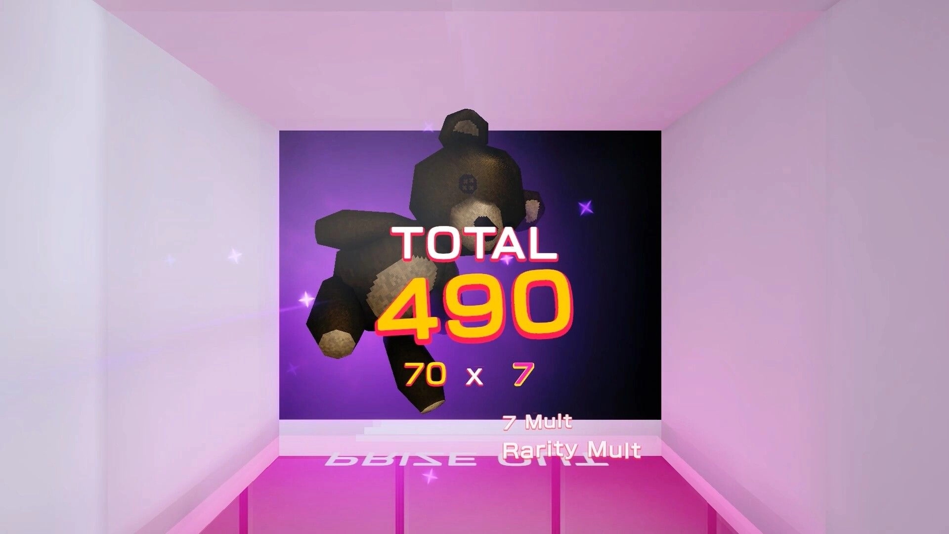CLAWSTROPHOBIA: Score results screen with teddy prize and TOTAL 490 shown inside glowing claw machine box.