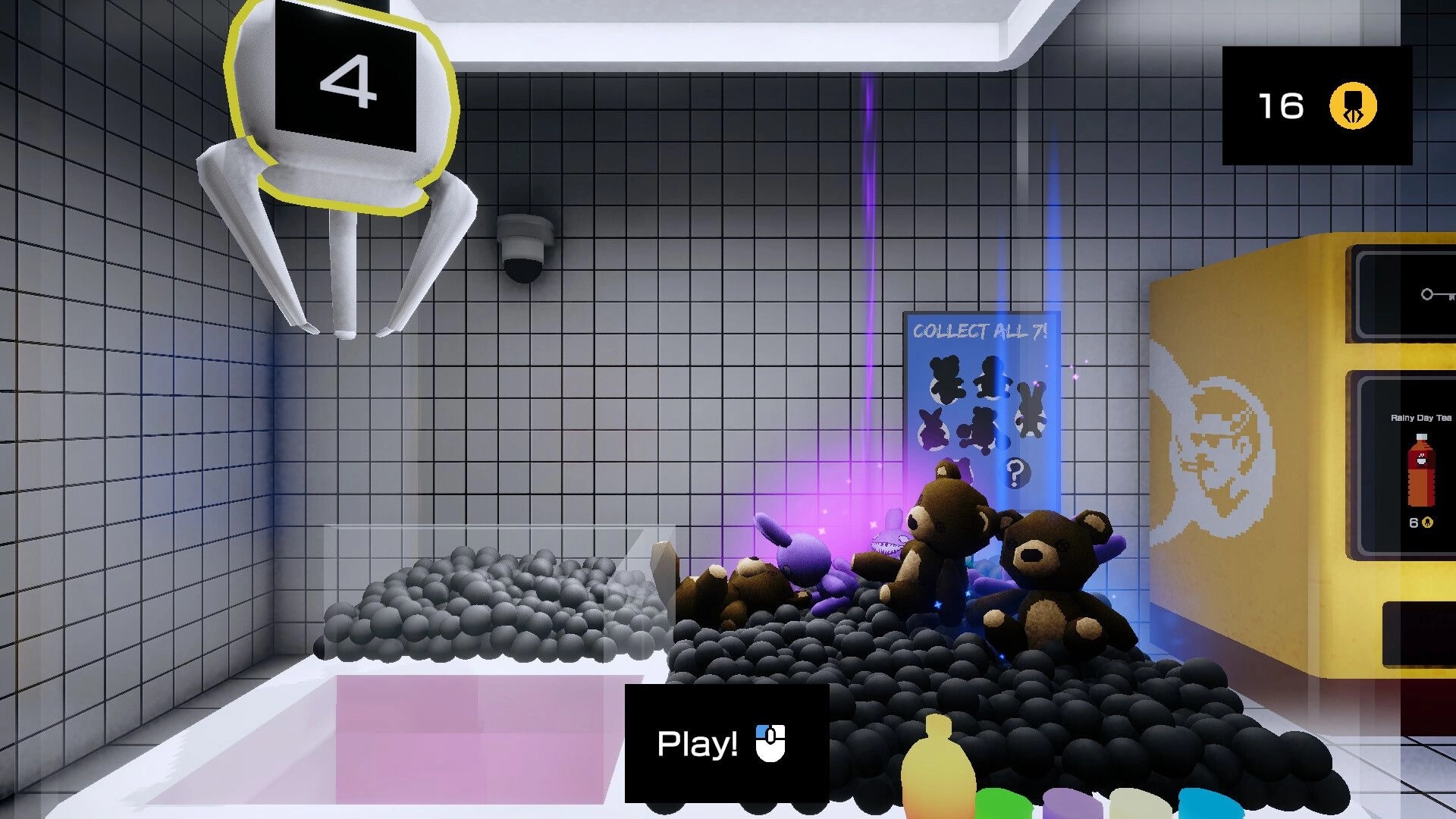 CLAWSTROPHOBIA: Claw machine play screen with plush bears, prize poster, and Play button in tiled room.