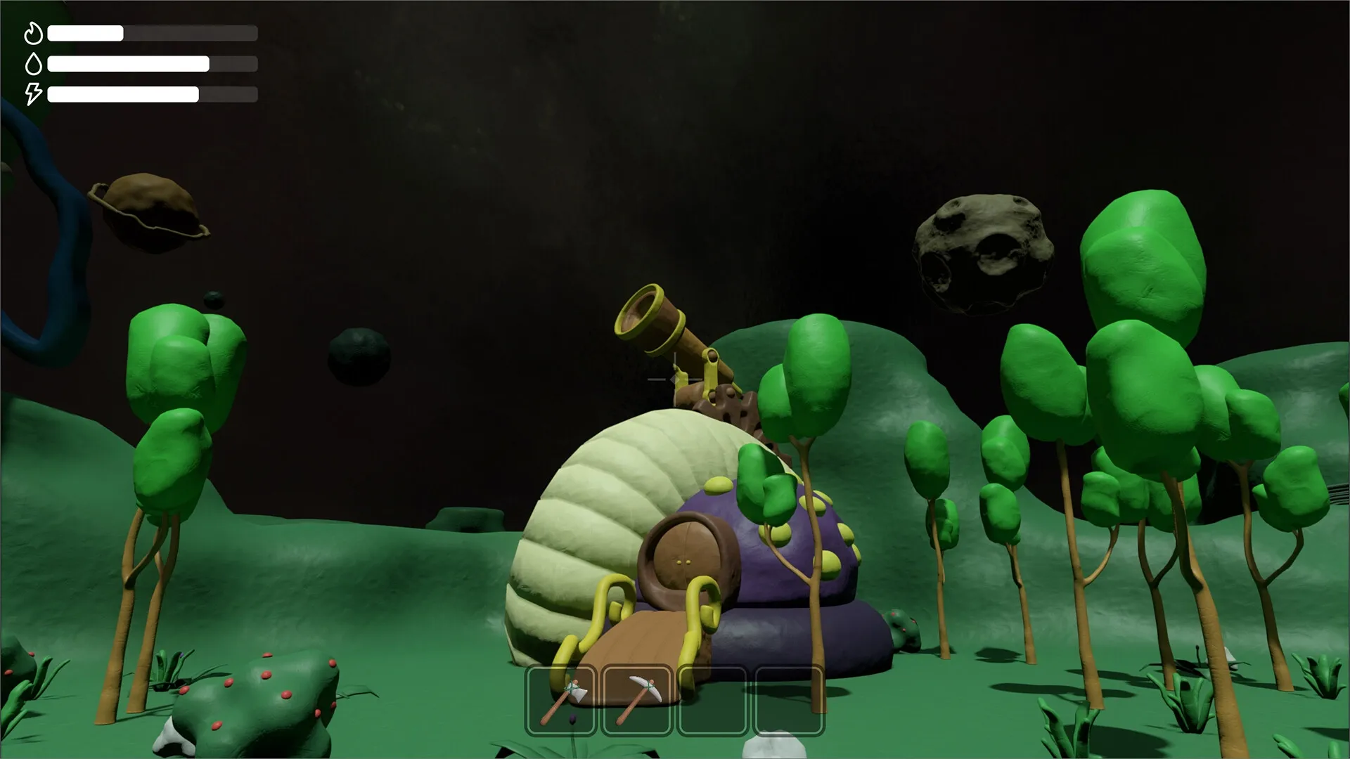 Claycrafter: Dome-shaped clay house with telescope surrounded by trees and floating rocks in dark sky