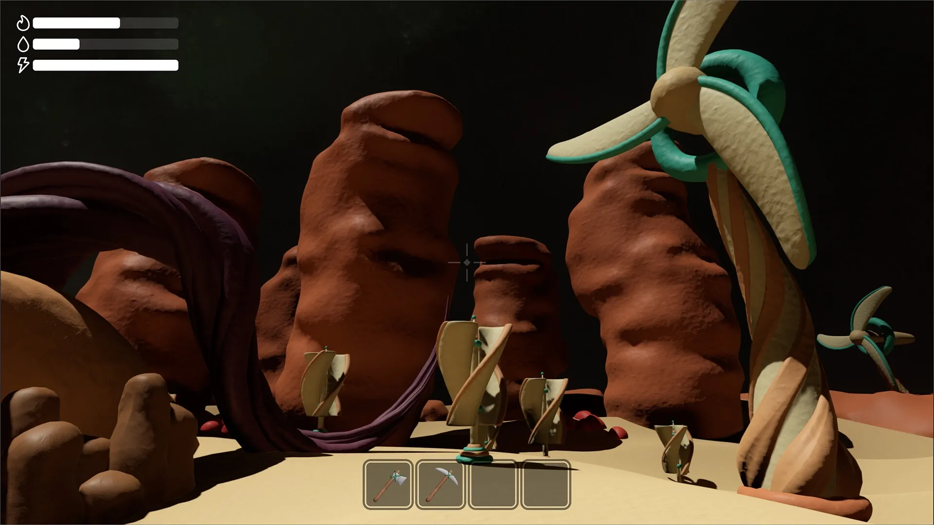 Claycrafter: Resource bars and tools in a desert landscape with clay windmills and rock formations