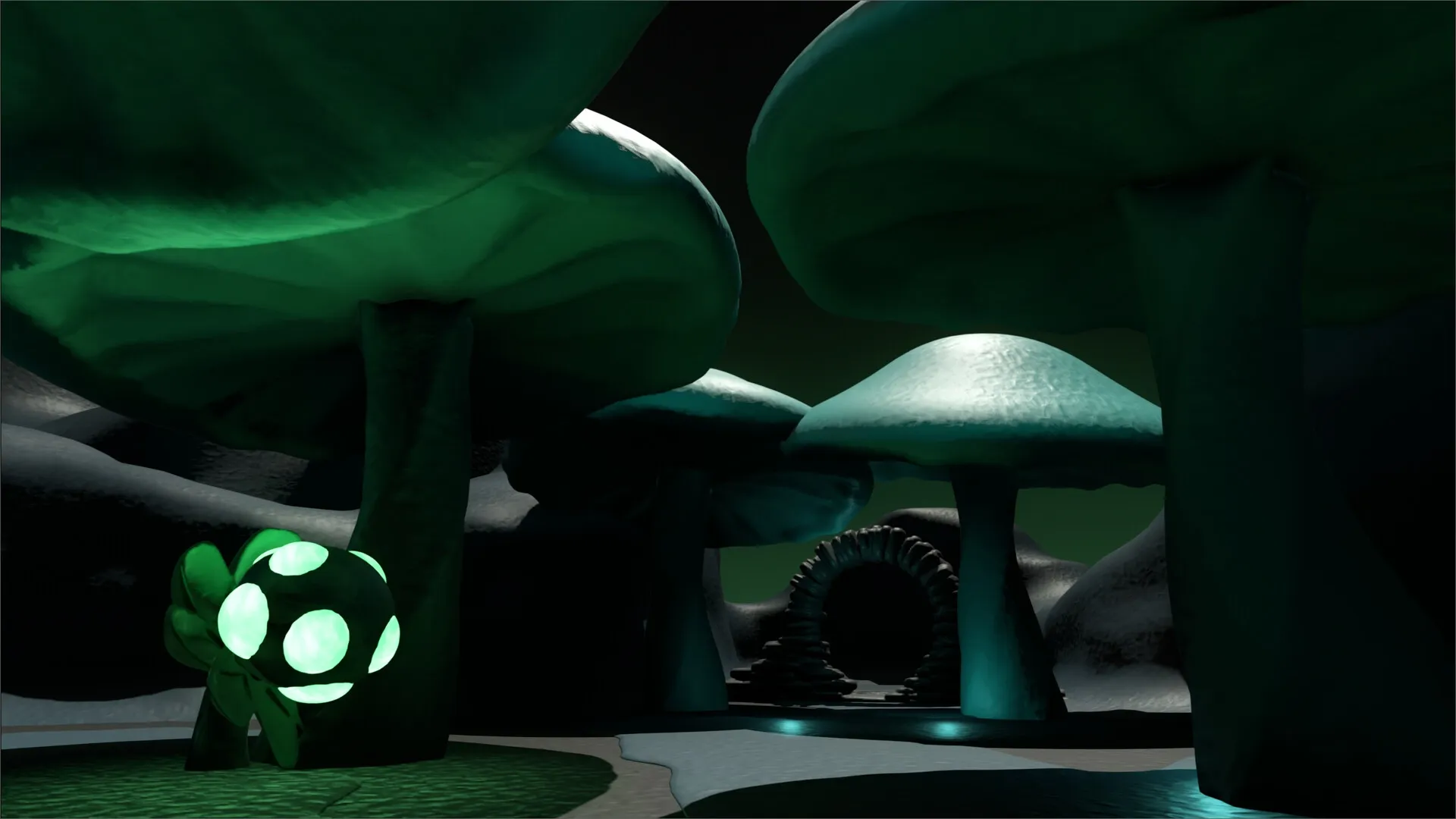 Claycrafter: Glowing mushrooms and archway in mysterious, dark forest environment