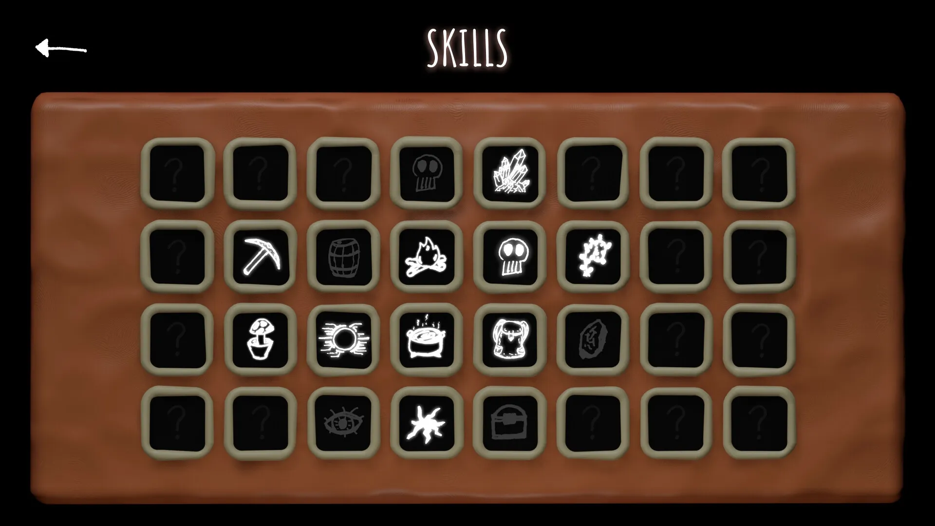 Claycrafter: Skills menu with various unlocked abilities and question mark placeholders on clay grid