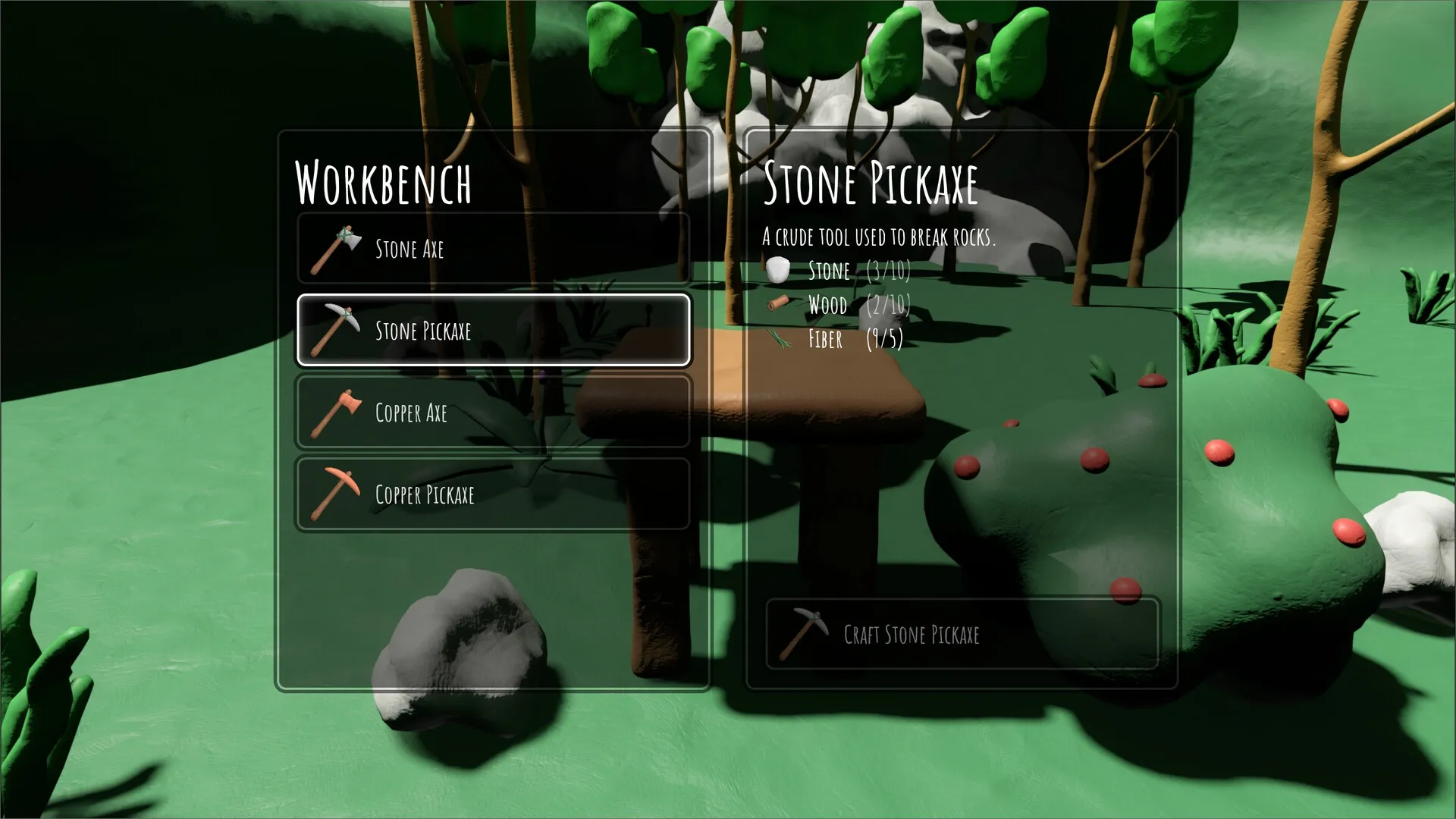 Claycrafter: Workbench menu with crafting options and resource list in a clay forest environment