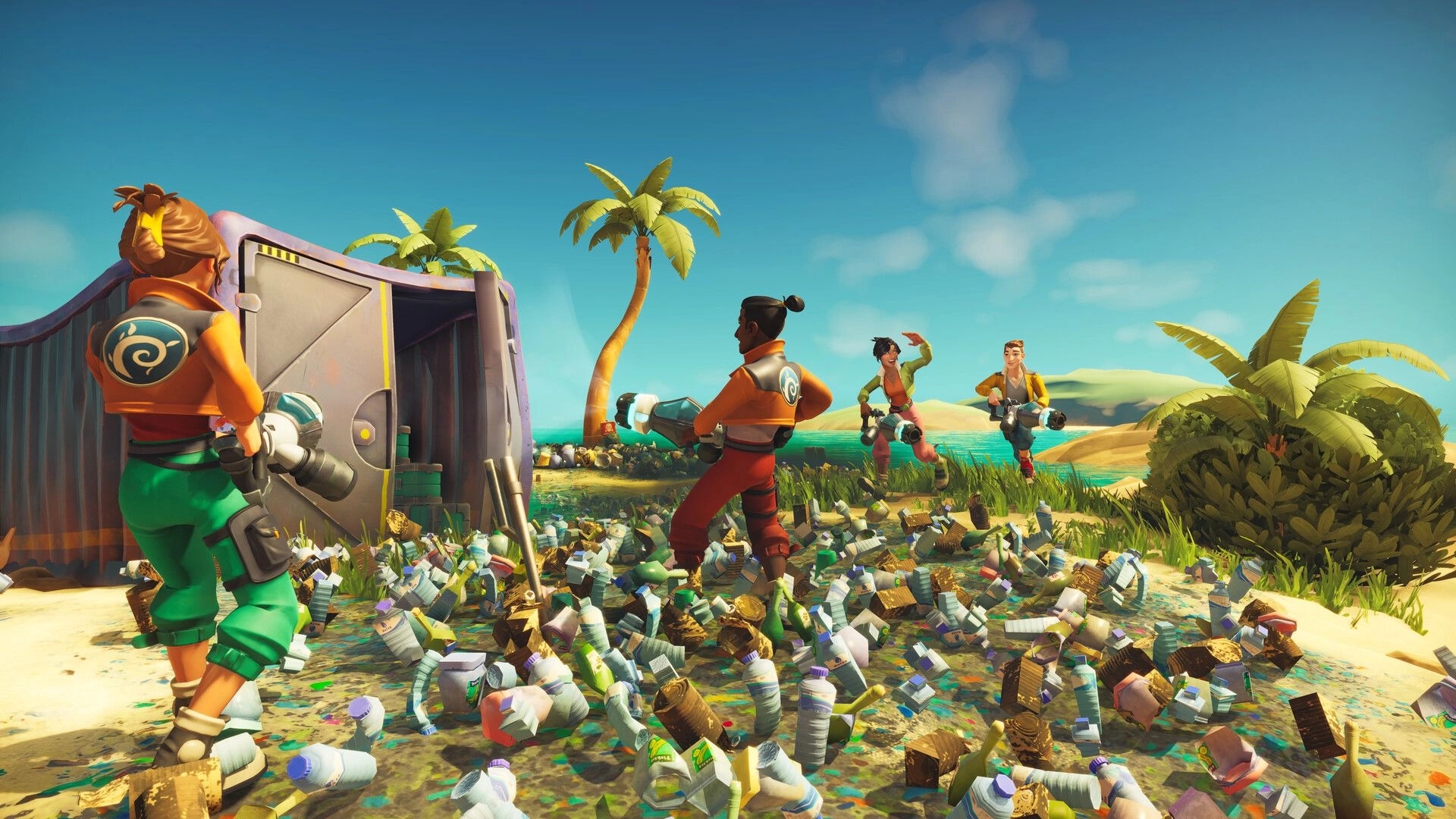 Clean Up Earth: Four players vacuum trash on a sunny beach with palm trees and blue sky in the background