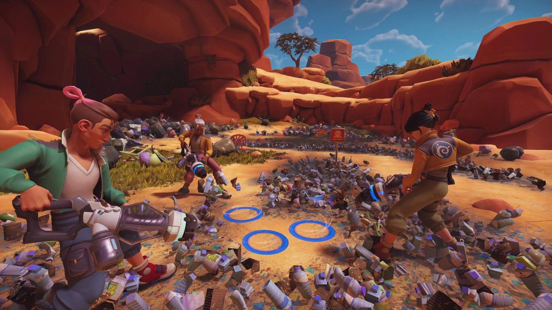 Clean Up Earth: Three characters using vacuums to clean trash in a desert canyon environment