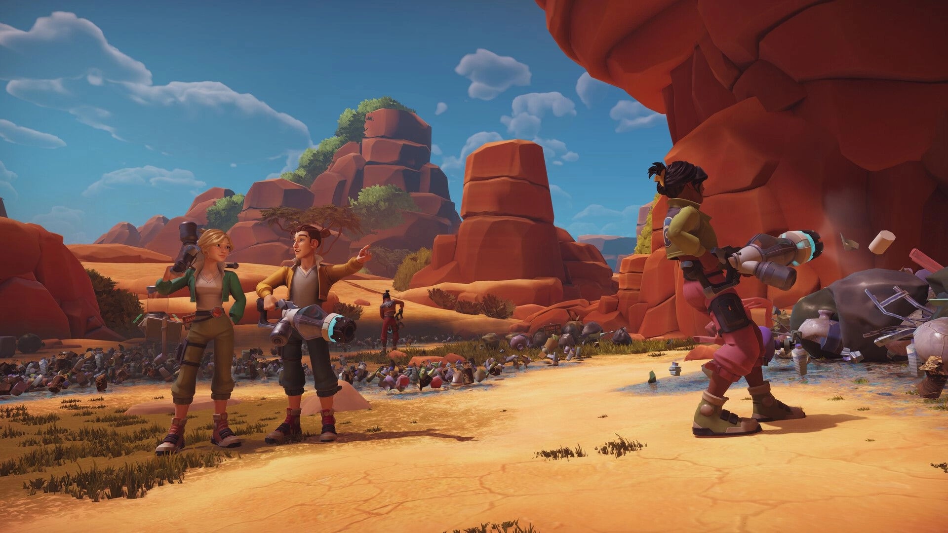 Clean Up Earth: Characters use vacuums to clean trash in a vibrant desert landscape with red rock formations.