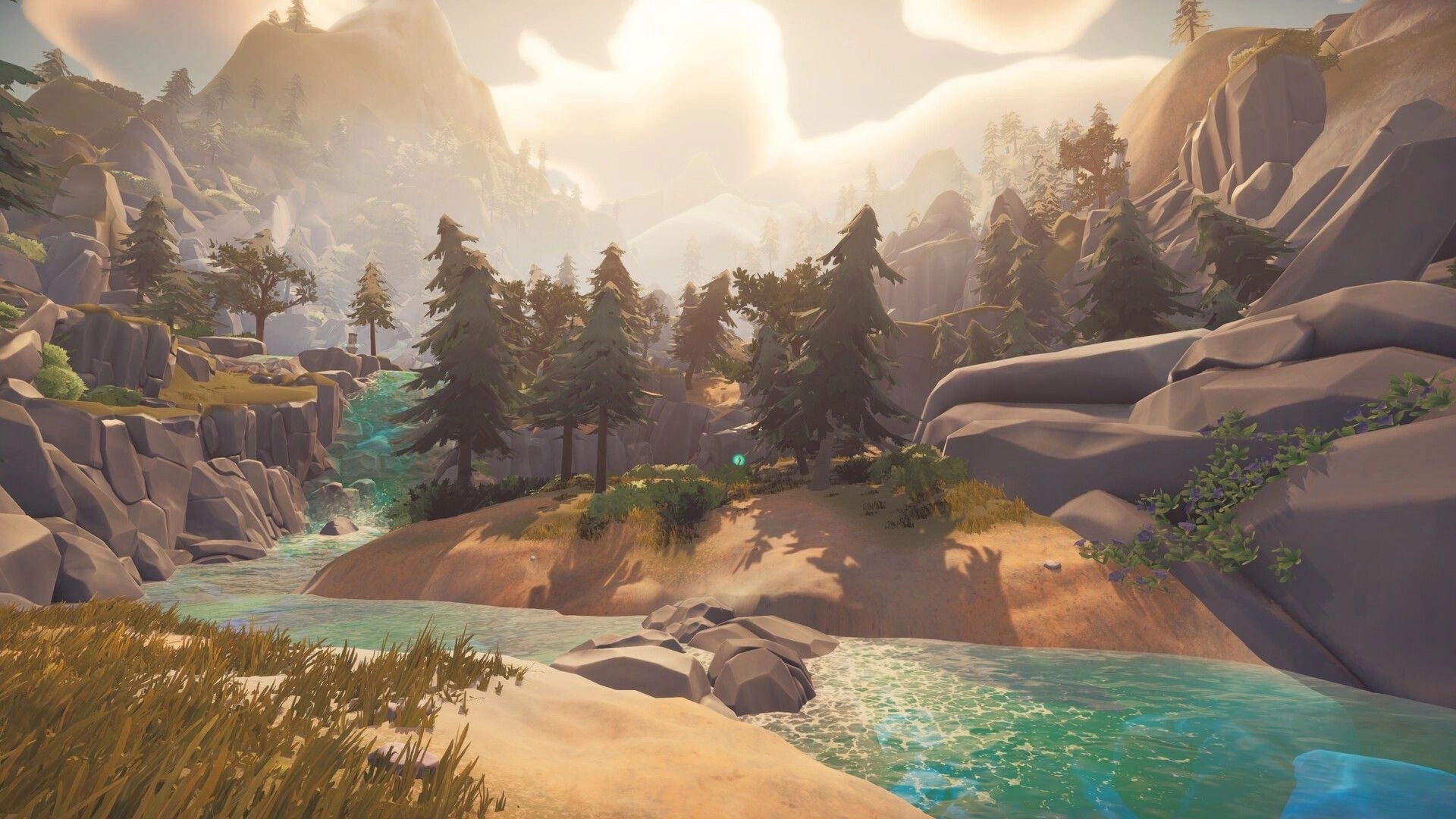 Clean Up Earth: Lush forest landscape with a flowing river and sunlight illuminating distant mountains