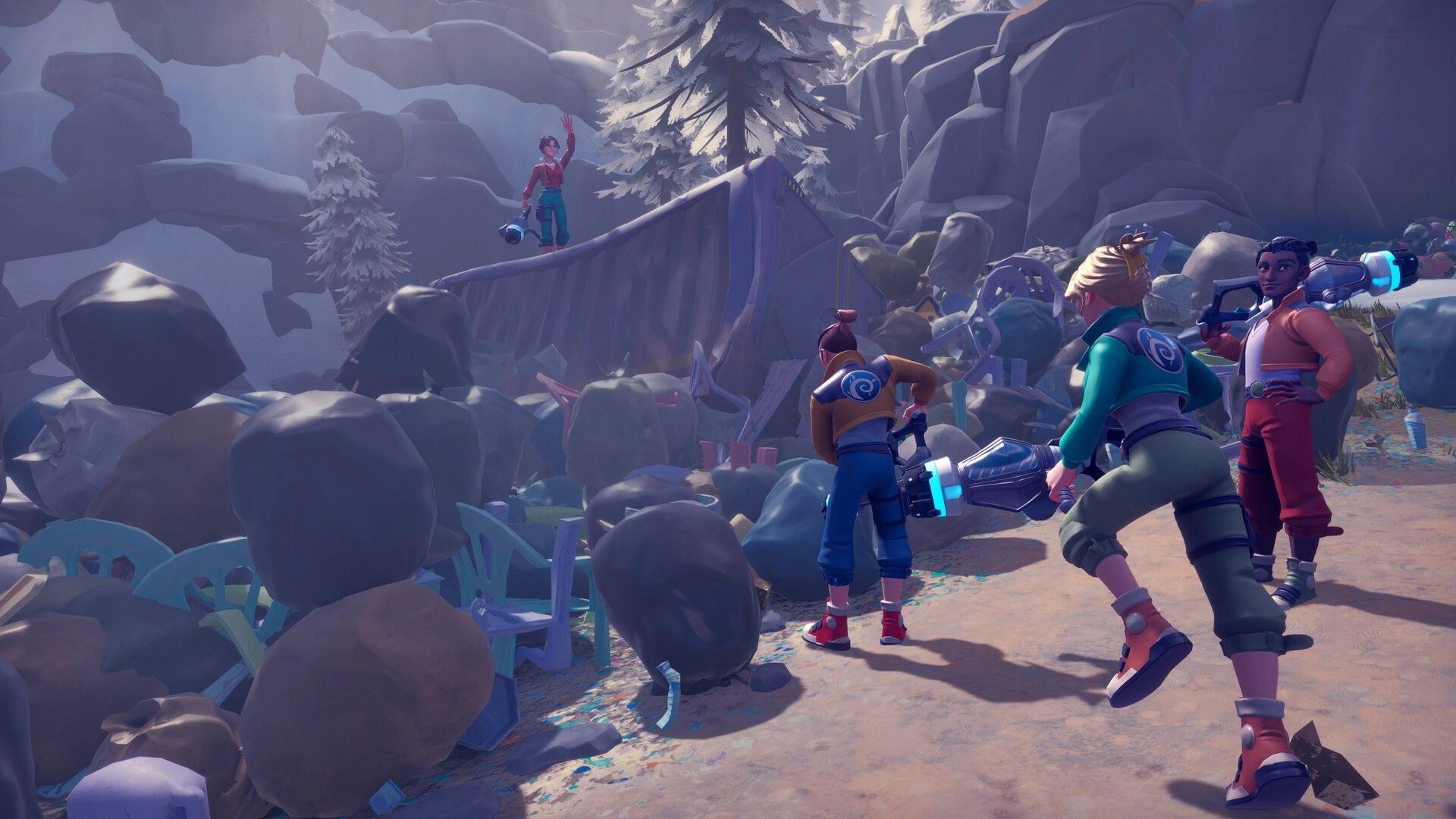 Clean Up Earth: Characters with vacuum tools clearing trash in a rocky, mountainous environment