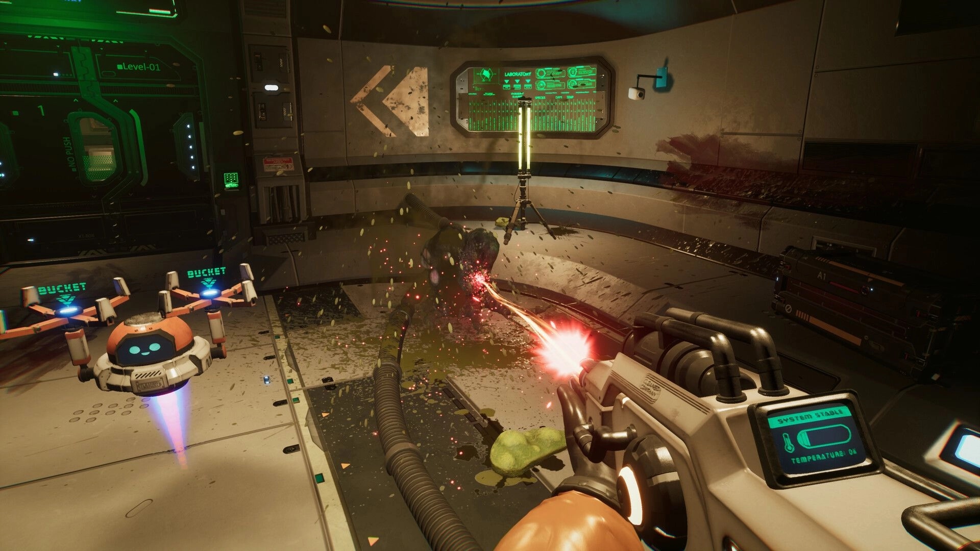 Cleaner Company: First-person cleaner zaps a slime pile as a bucket drone hovers in lab corridor.