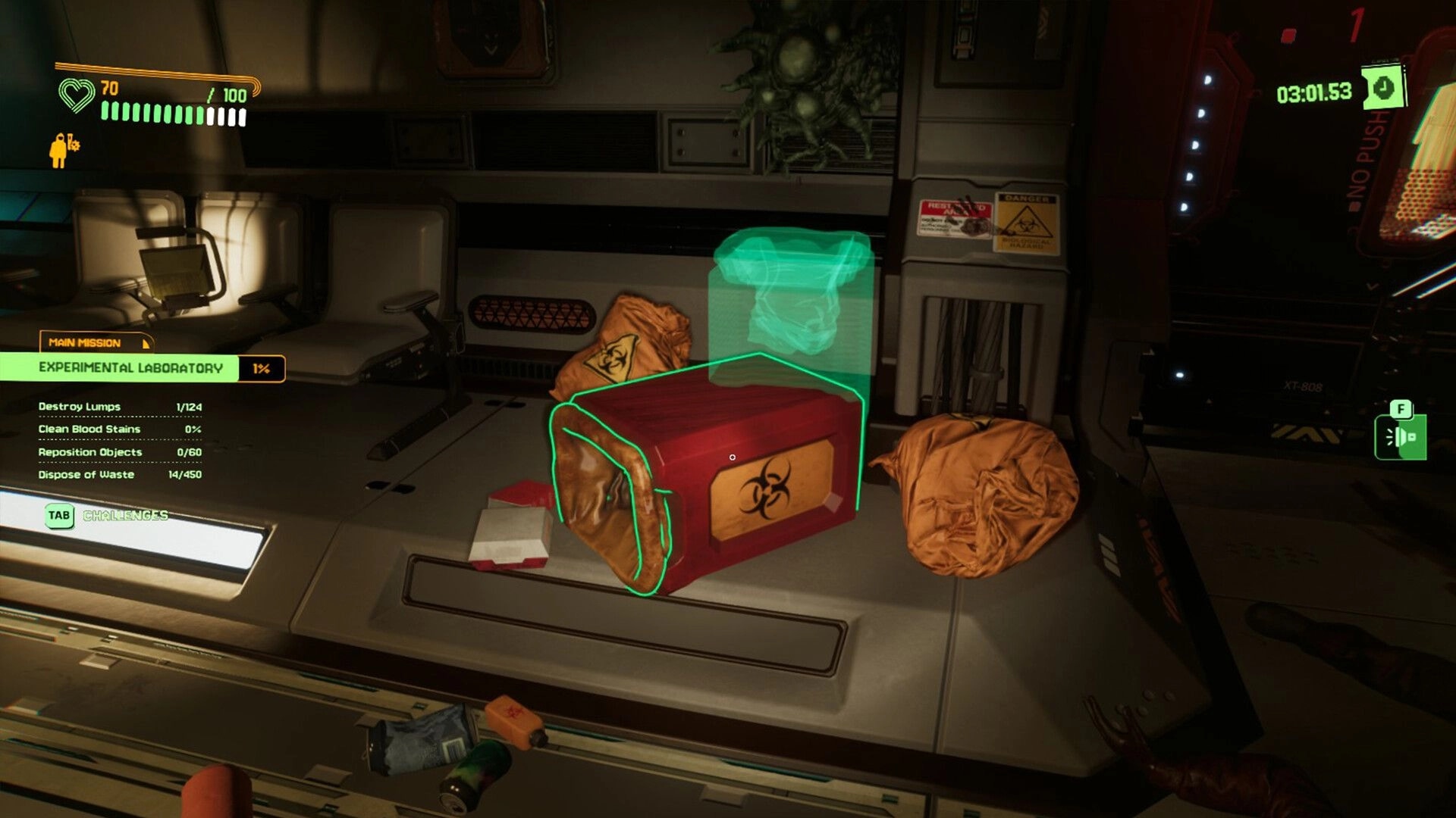 Cleaner Company: Player highlights a biohazard crate amid trash bags in a lab station room HUD.