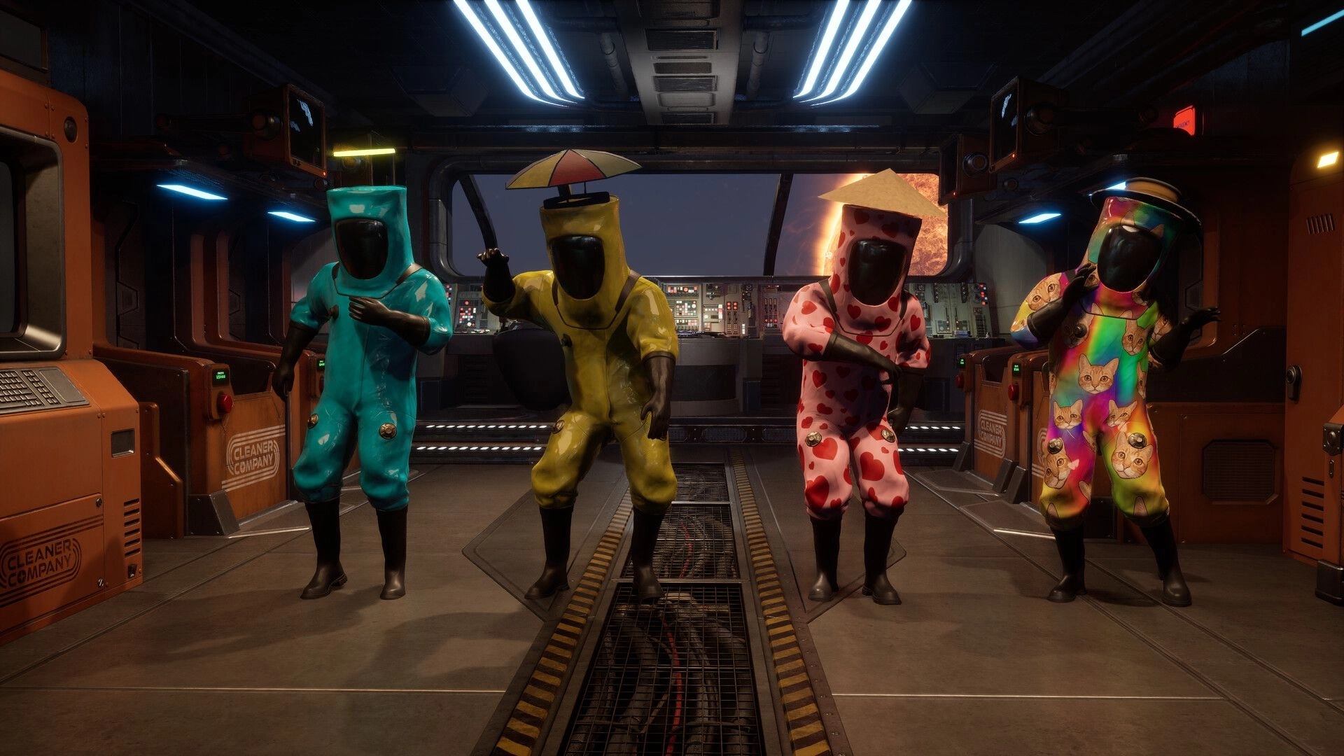 Cleaner Company: Four hazmat-suited cleaners posing in a spaceship cockpit with consoles and planet view.