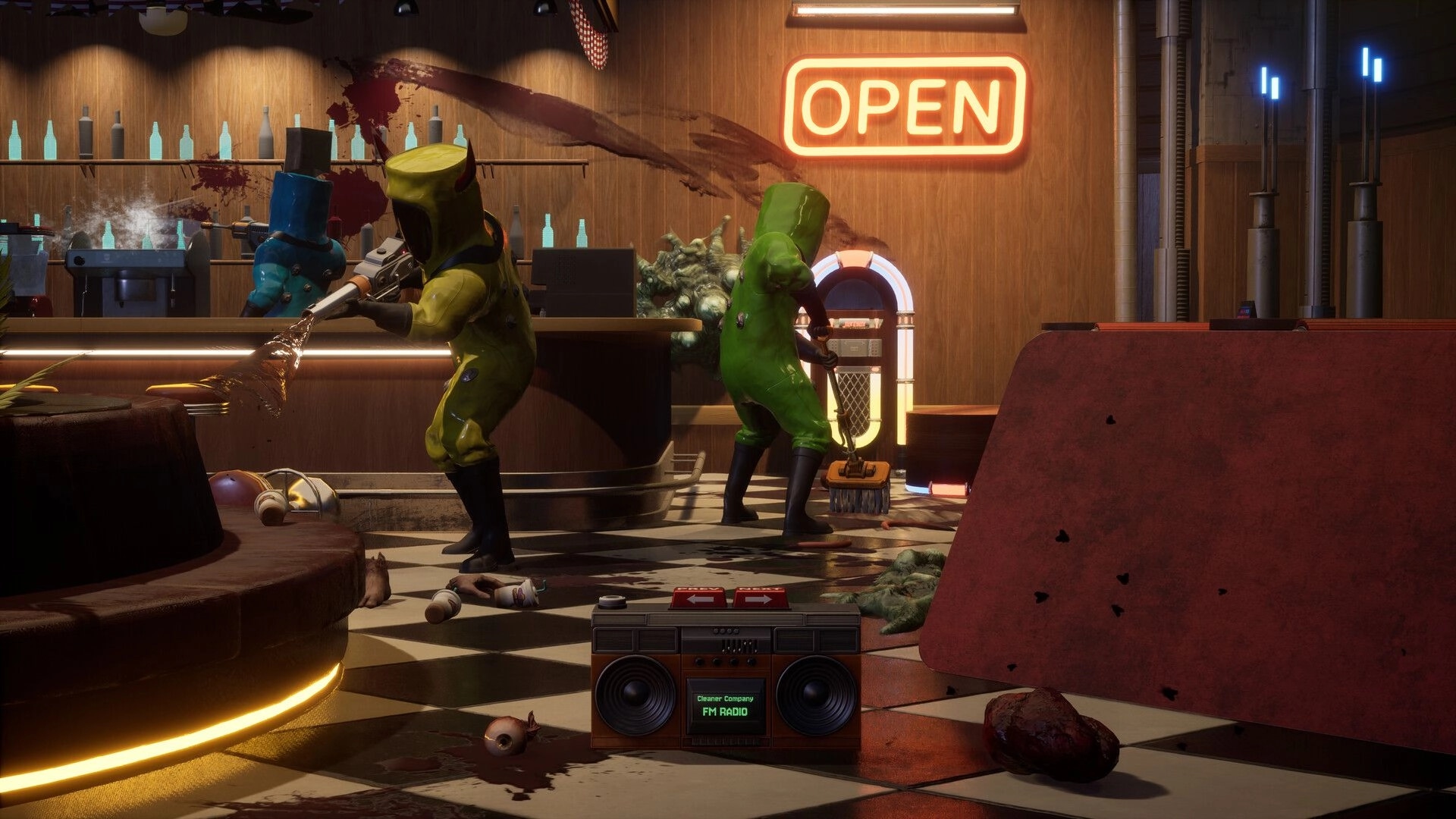Cleaner Company: Two hazmat cleaners spray and mop blood in a retro diner bar under OPEN sign.