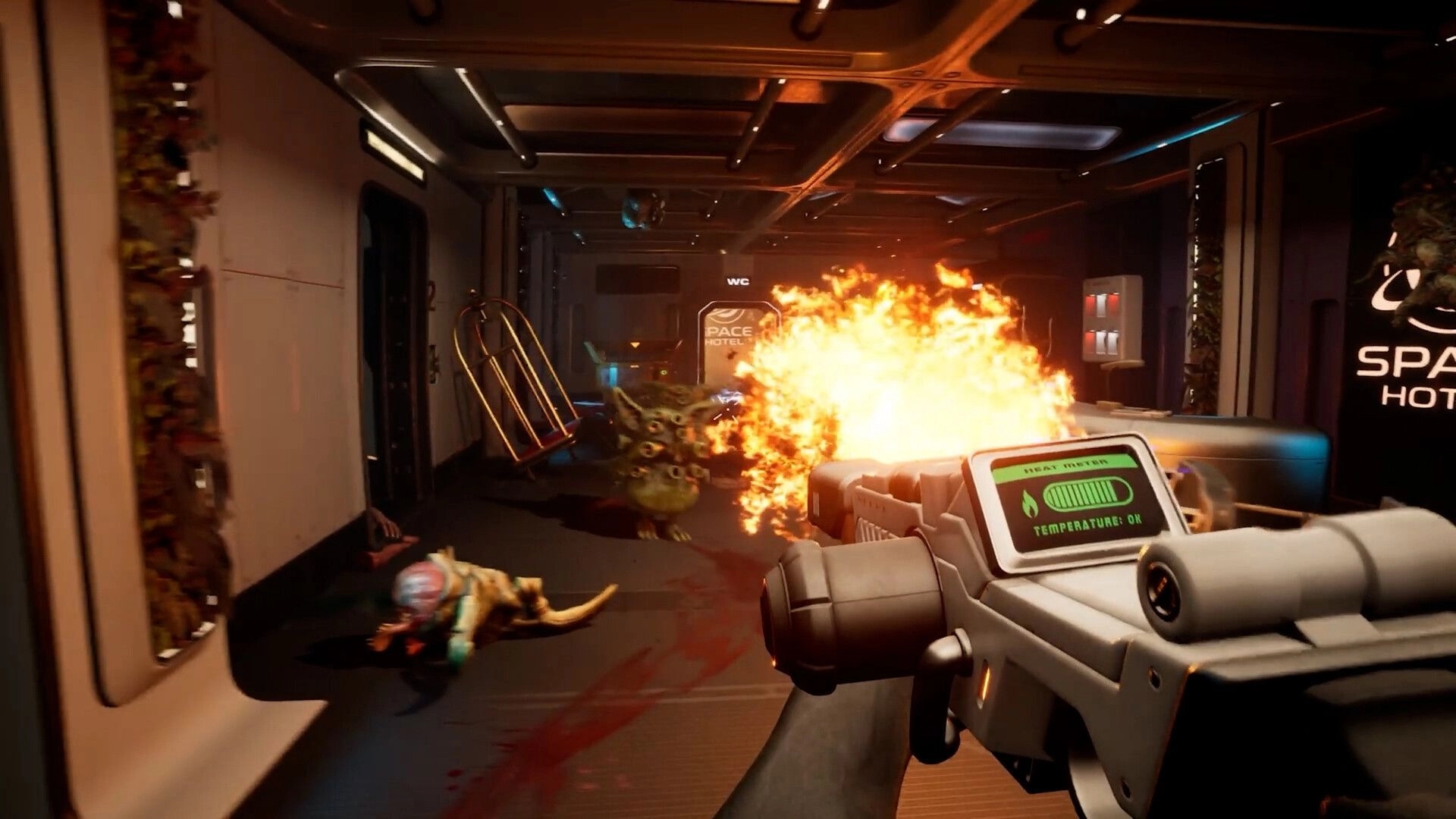 Cleaner Company: Flamethrower blasts aliens in a space hotel corridor with fire and blood trails.