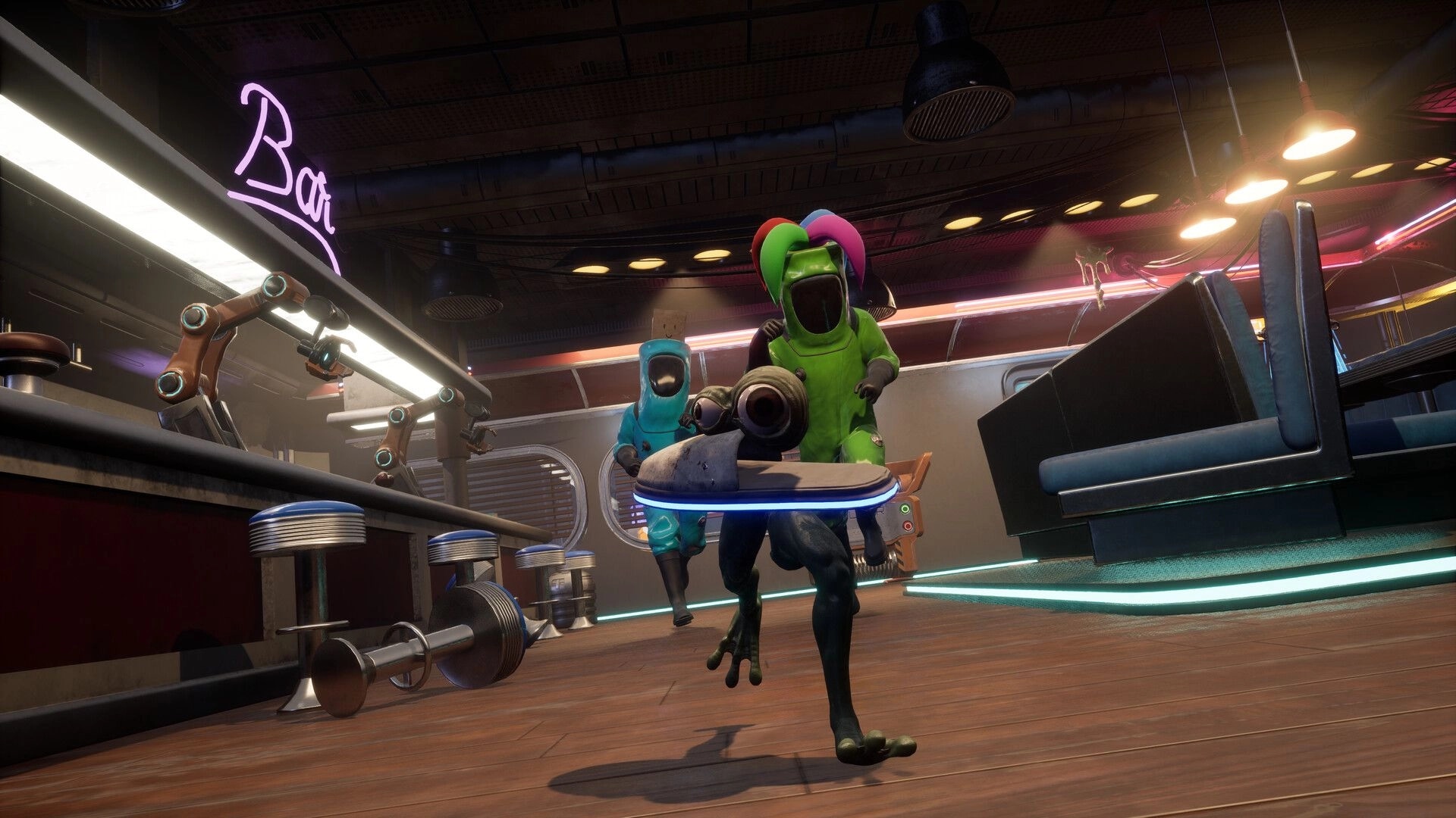 Cleaner Company: Two hazmat-suited cleaners carry a body through a neon-lit space bar diner interior.