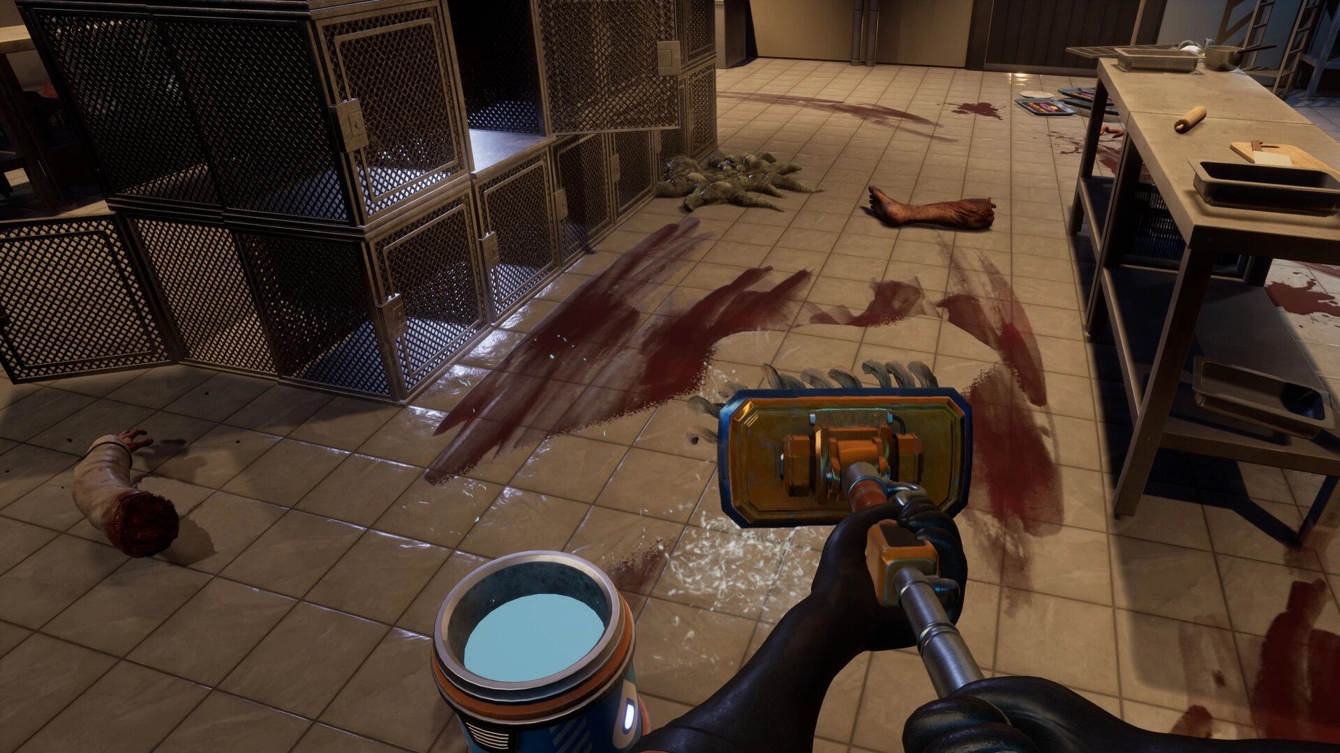 Cleaner Company: First-person mop scrubbing blood trails on tiled kitchen floor with body parts nearby.