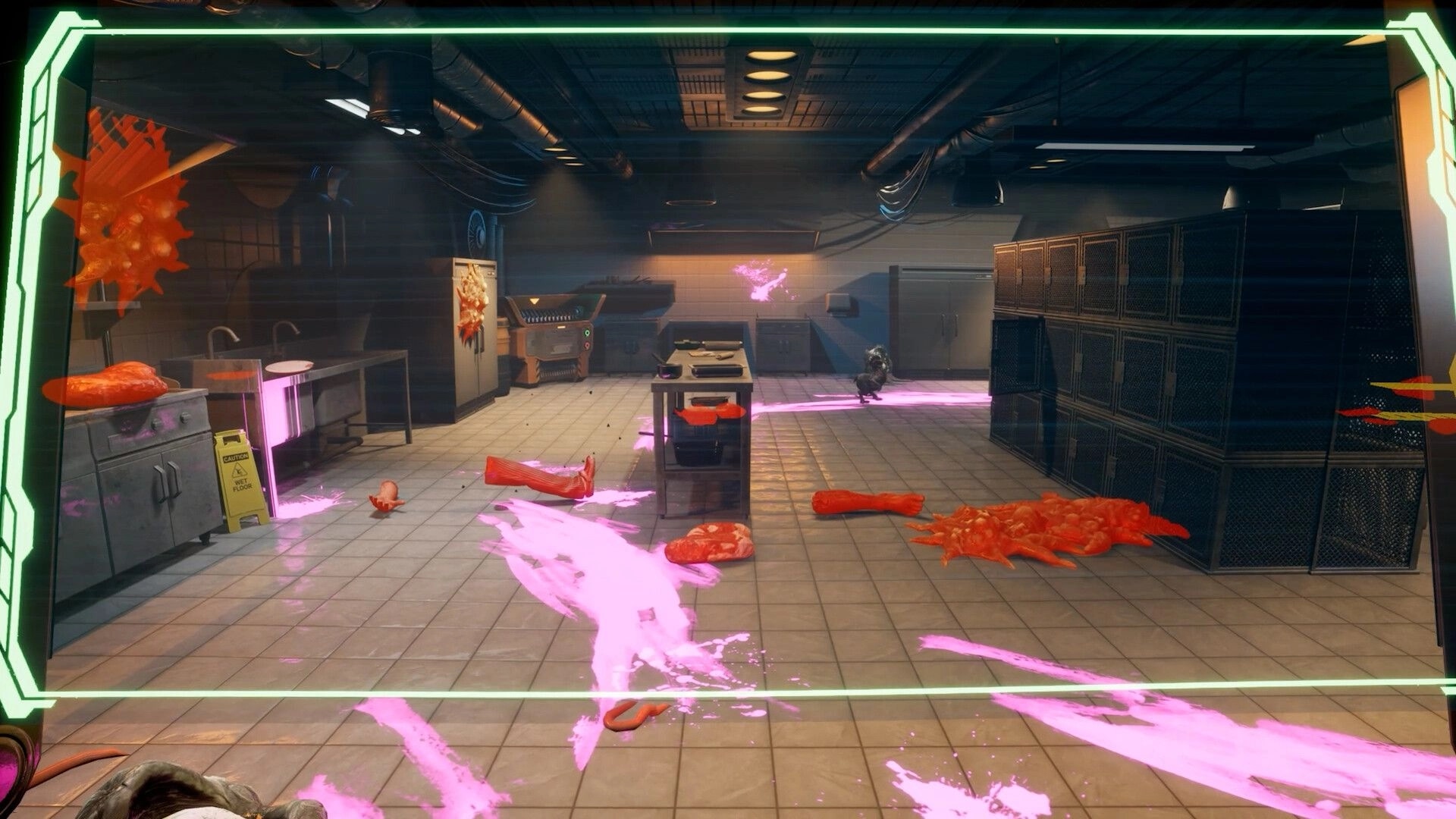 Cleaner Company: First-person view of gore-streaked kitchen with neon slime trails and lockers ahead.