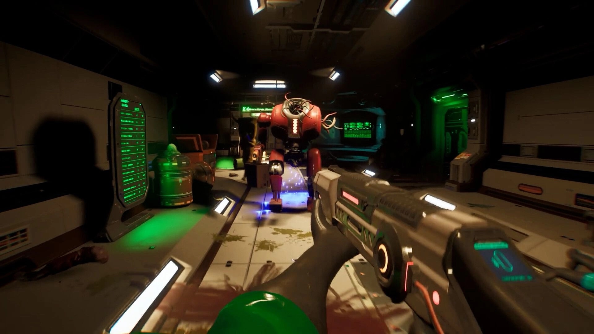 Cleaner Company: First-person aiming a sci-fi gun at a red robot in a dim space corridor with gore.