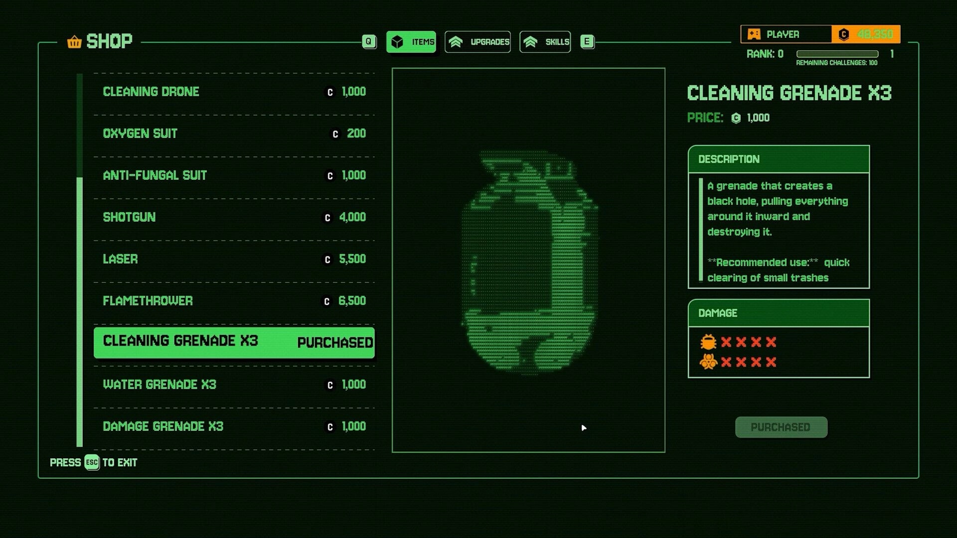 Cleaner Company: Shop menu with items list and Cleaning Grenade x3 description in green UI panel.