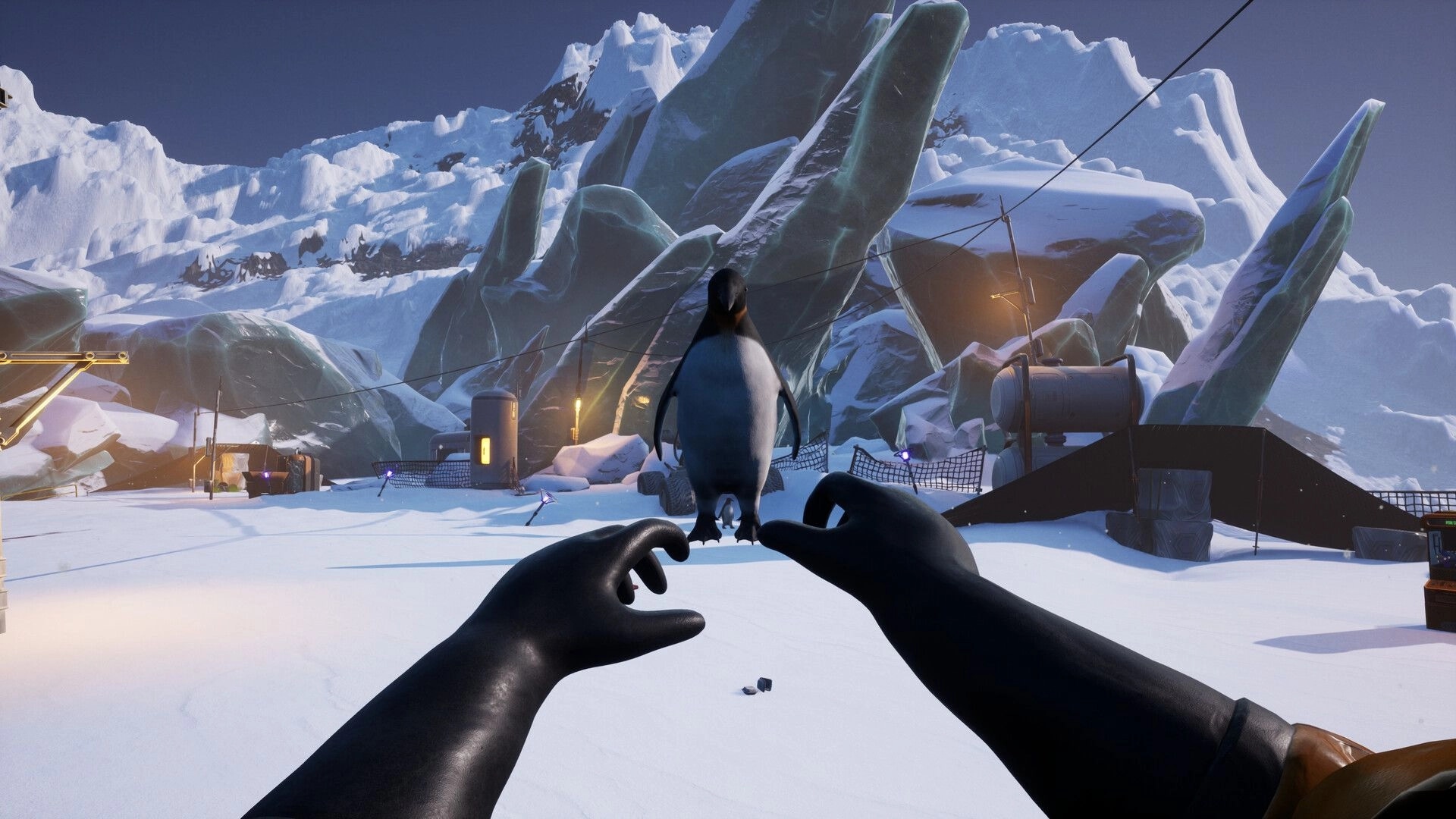 Cleaner Company: First-person hands reaching toward a penguin in a snowy base with icy cliffs.